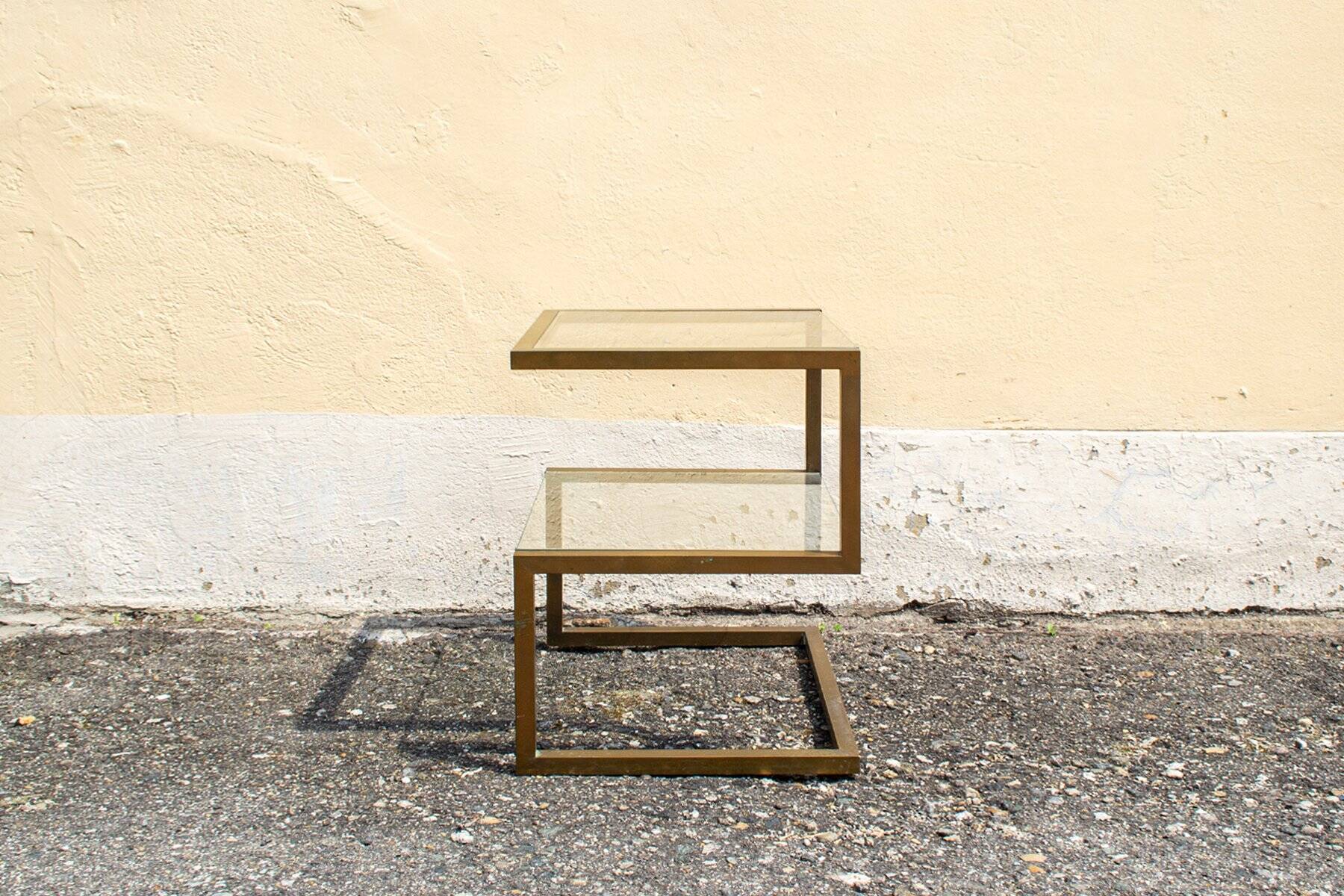 Brass coffee table with double glass shelf, 1970s