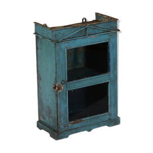 vitrine bleue art deco ancienne bois vieux teck piece et patine d'origine inde 46x28x69cm