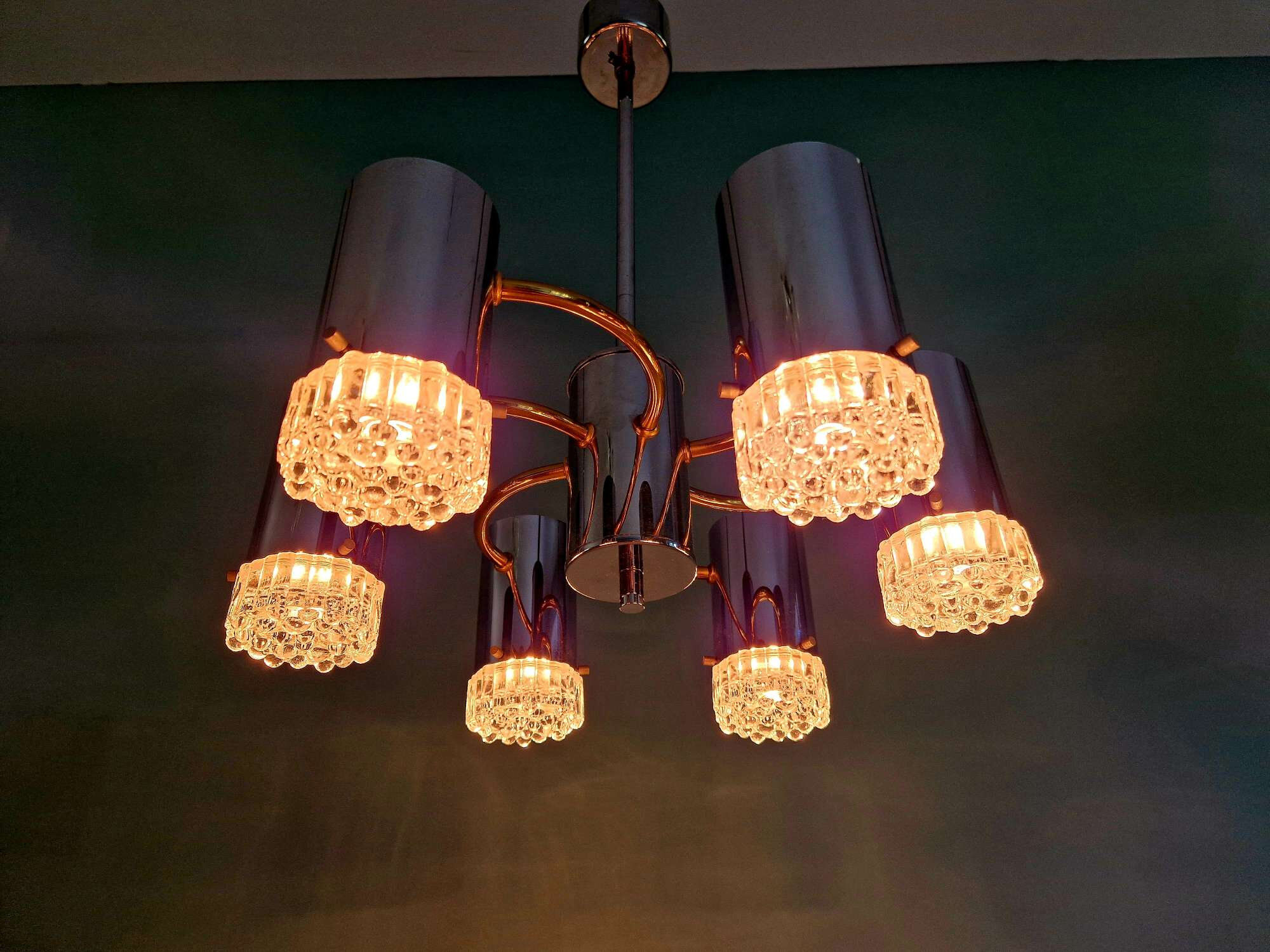 Space Age chandelier in chrome metal and brass, 1970s