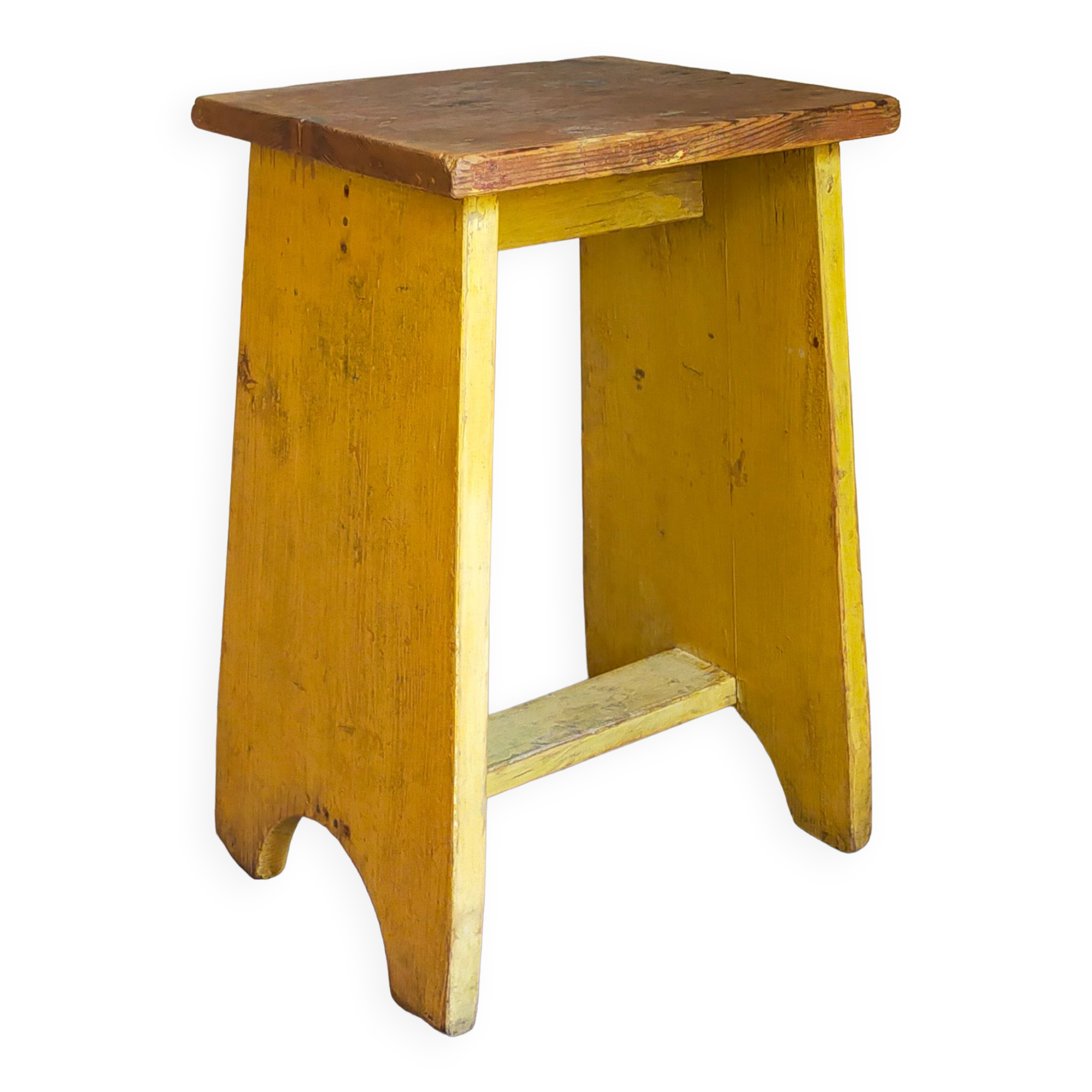 Art-populaire workshop stool in patinated painted wood