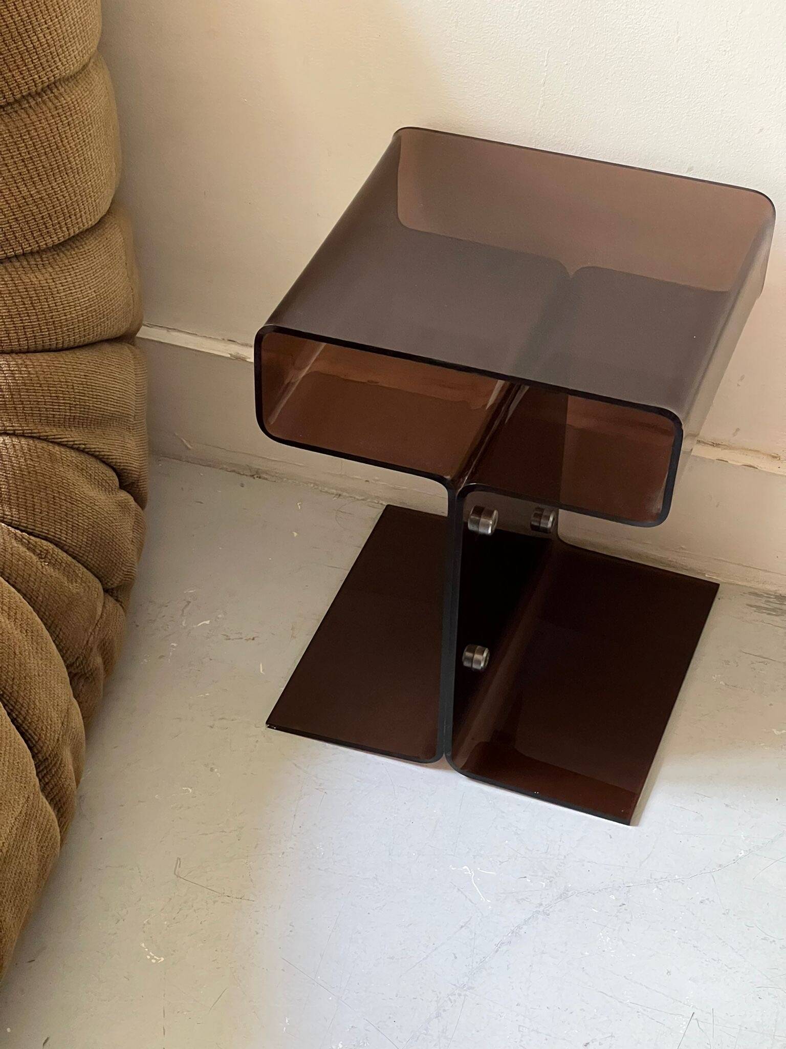 Smoked plexiglass side table/bedside table, M. Dumas for Roche Bobois 1970
