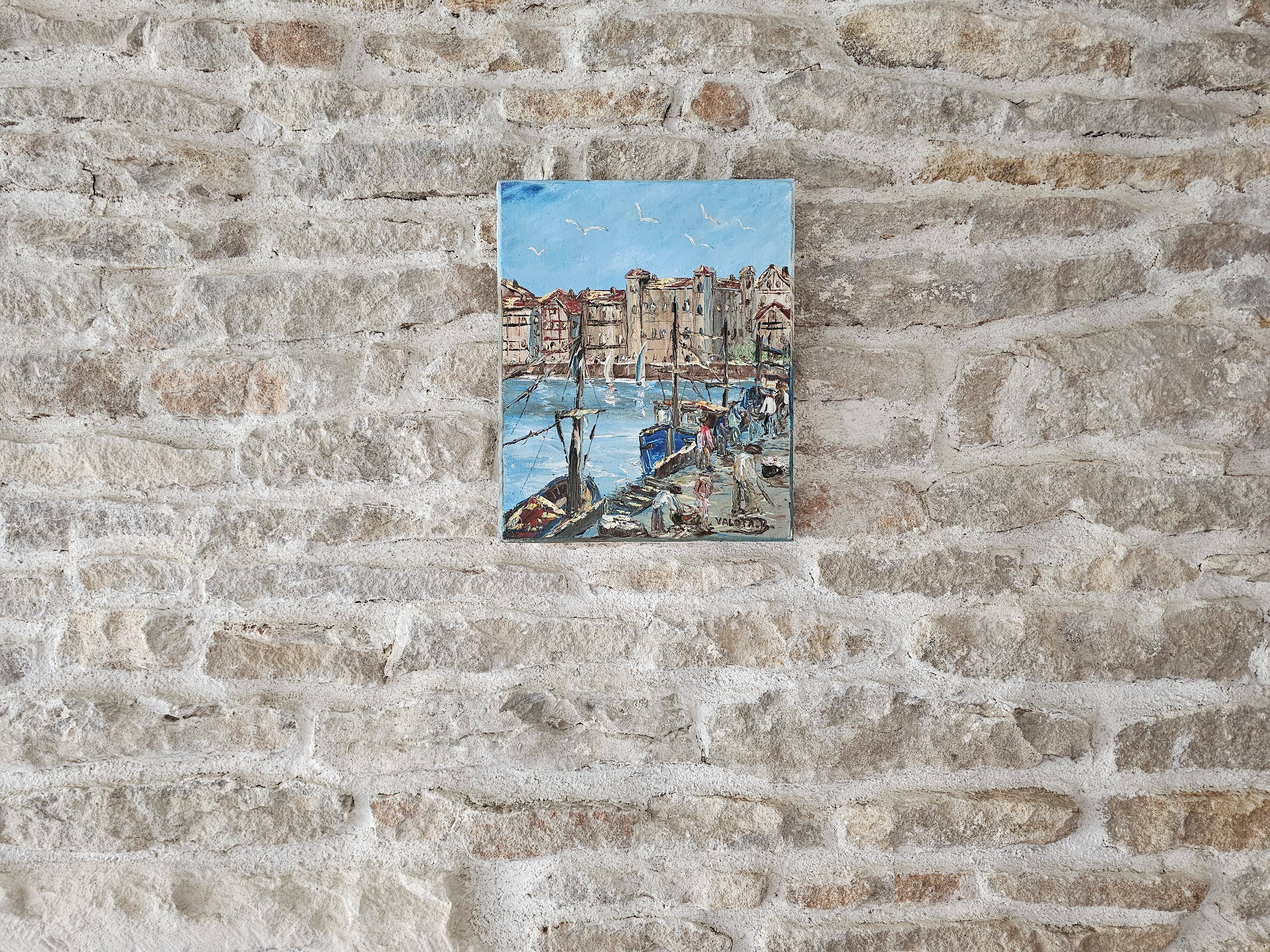 Oil painting on canvas House of the Infanta Saint Jean de Luz signed Valota