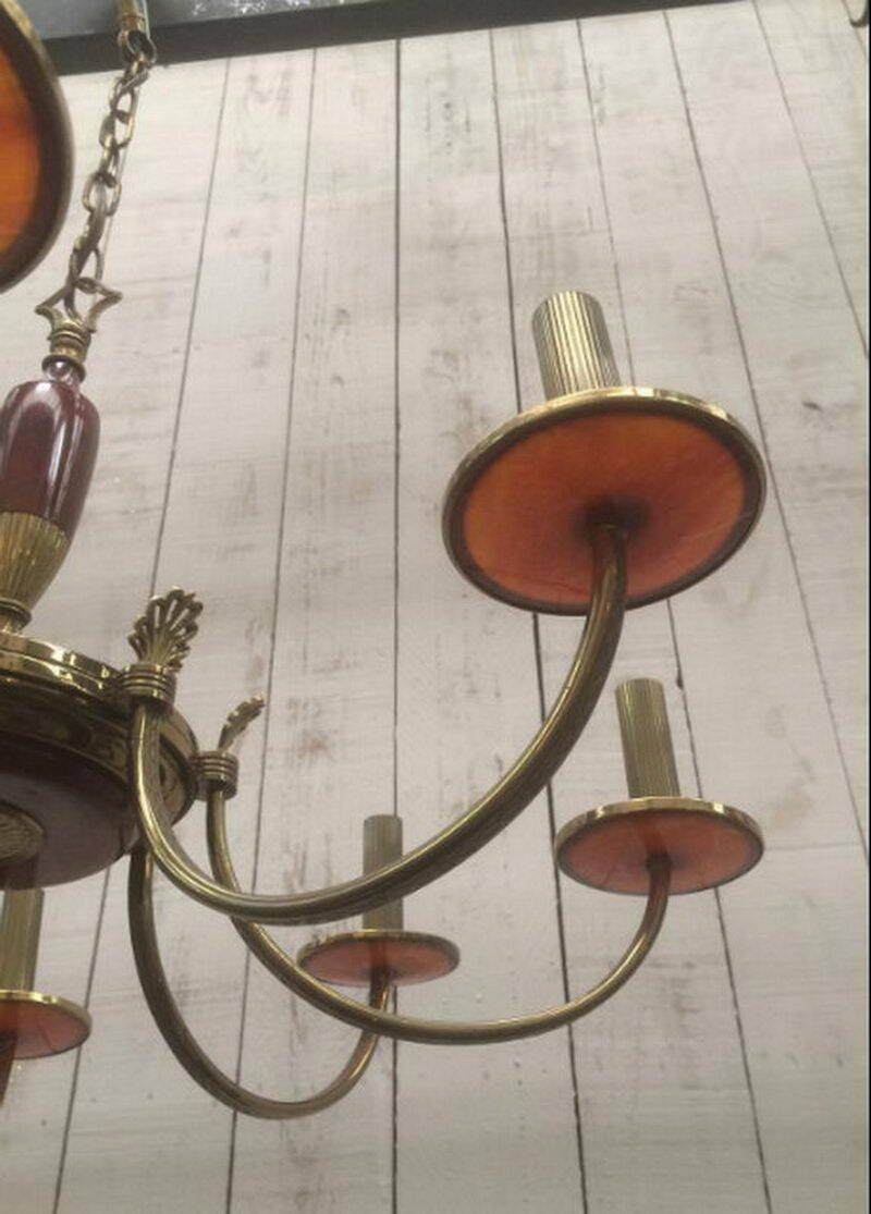 Brass and red plexiglass chandelier