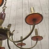 Brass and red plexiglass chandelier