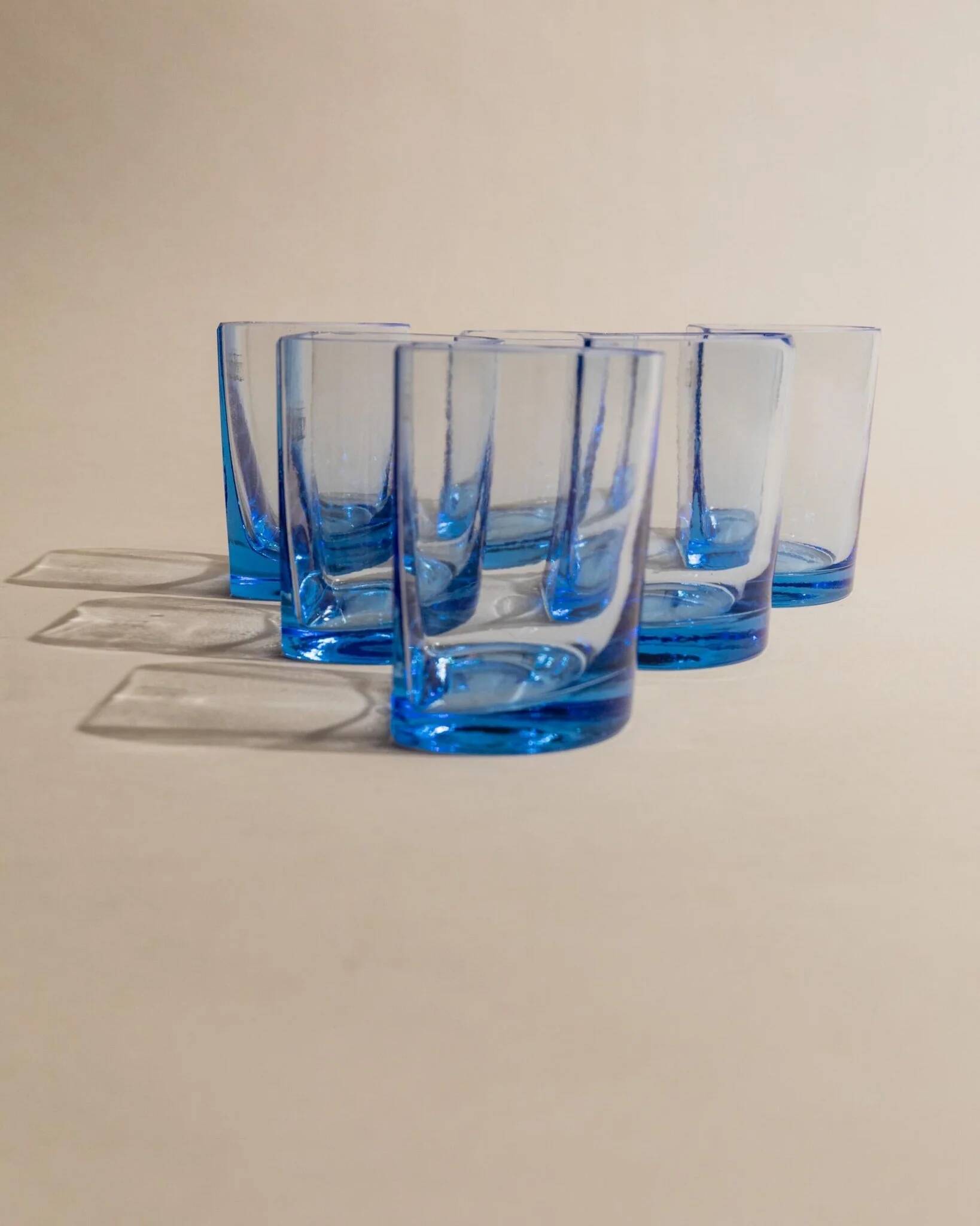 Set of 6 vintage blue drinking glasses with curved design, Pitti Studio, Italy, 1980s.