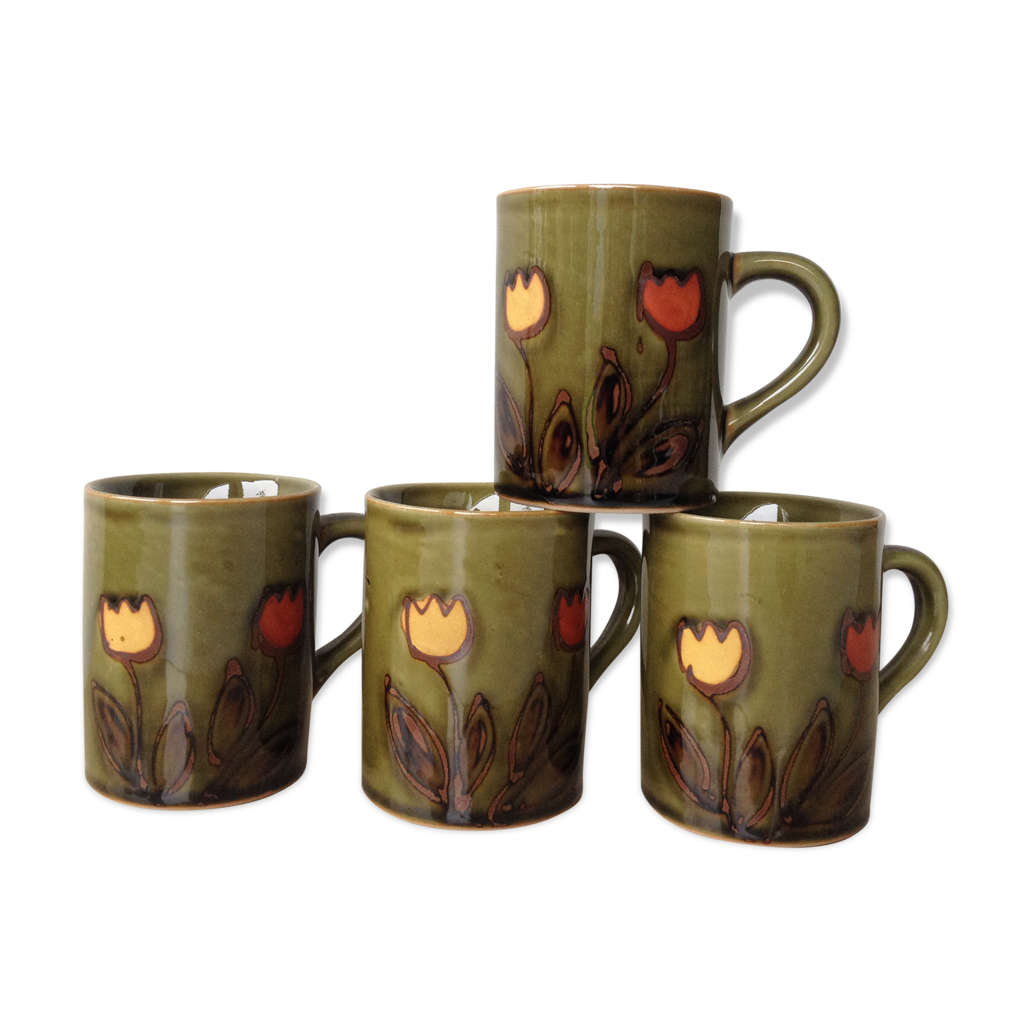 4 mugs ceramic glazed green ground tulips
