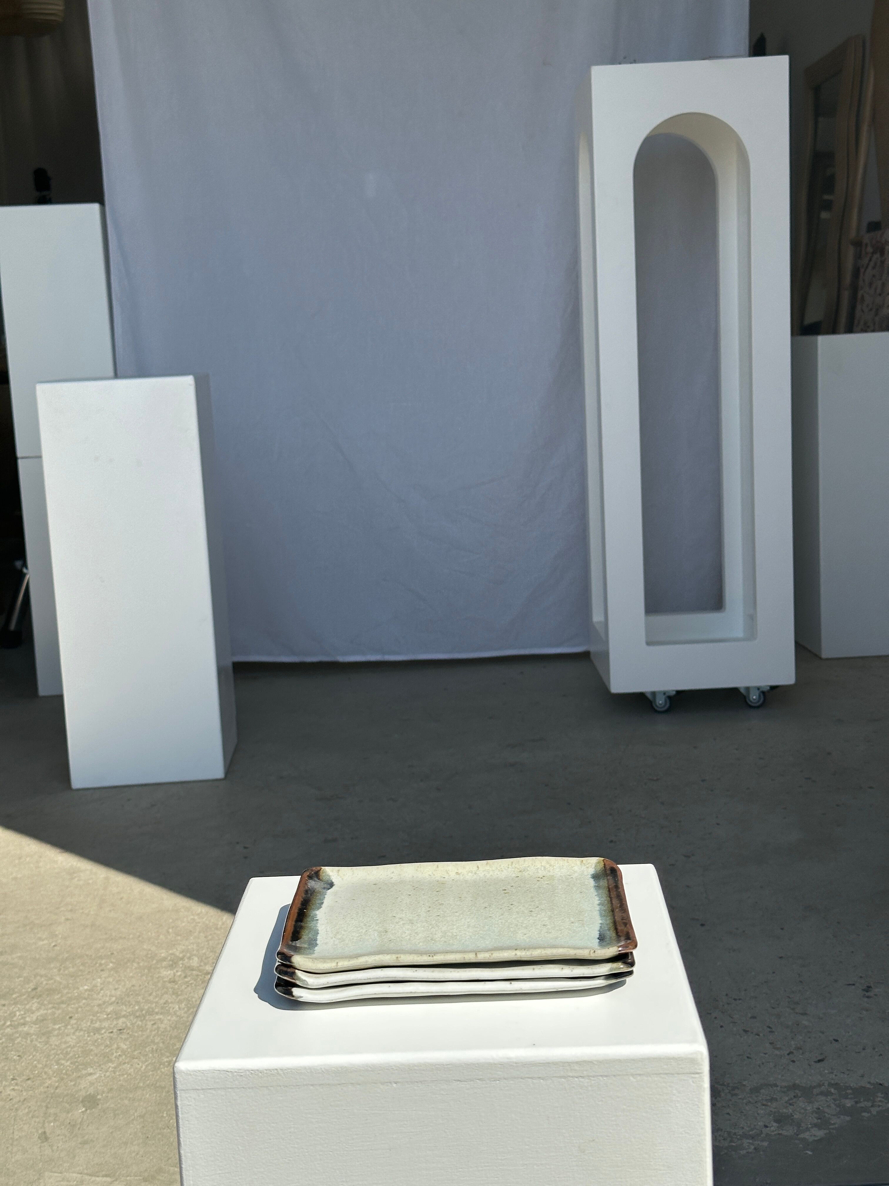 Trio of small rectangular serving dishes white and black Indonesian ceramic 21x16