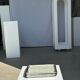 Trio of small rectangular serving dishes white and black Indonesian ceramic 21x16
