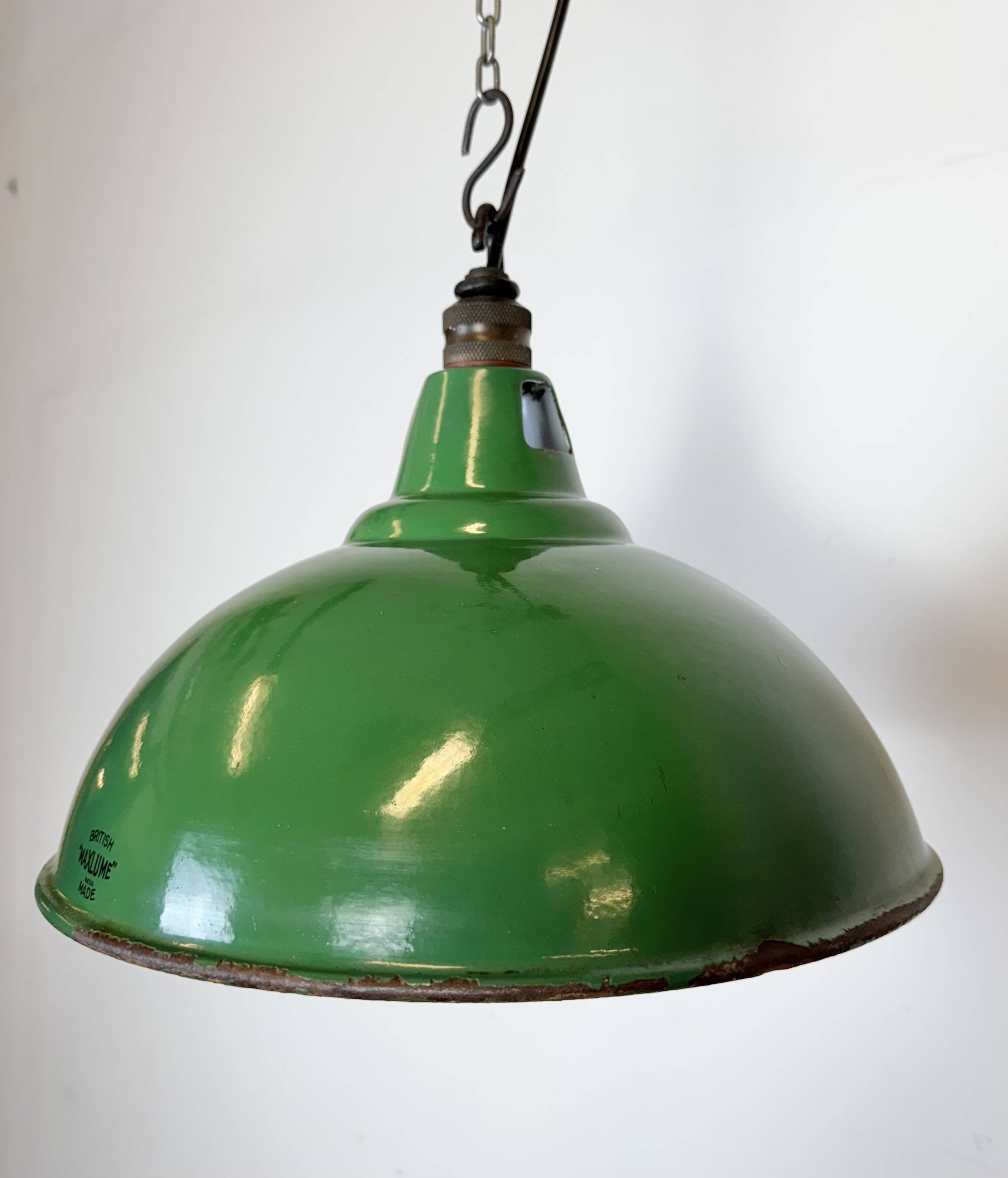 Industrial British Green Enamel Factory Pendant Lamp from Maxlume, 1960s
