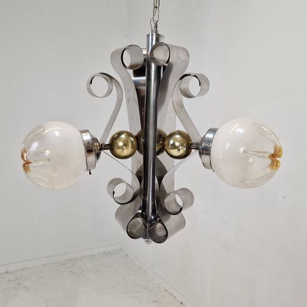 Suspension vintage Mazzega en verre de Murano avec 3 globes en verre, Italie, vers 1970
