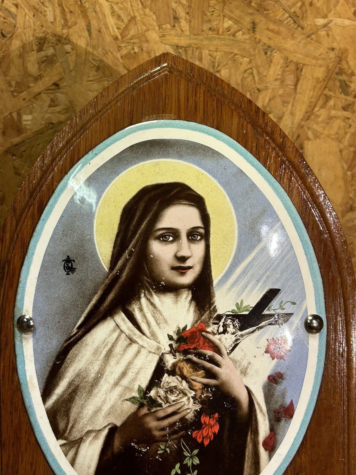 Old bedside oratory, oak, enamelled plaque, holy virgin, lourdes