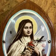 Old bedside oratory, oak, enamelled plaque, holy virgin, lourdes