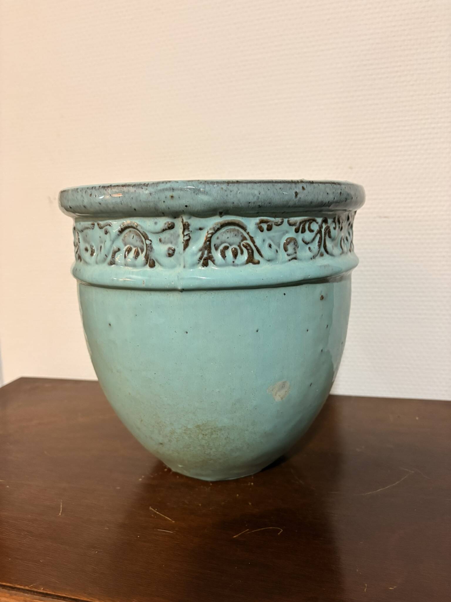 Old Flower Pot Ceramic Terracotta Glazed Varnished Blue Planter