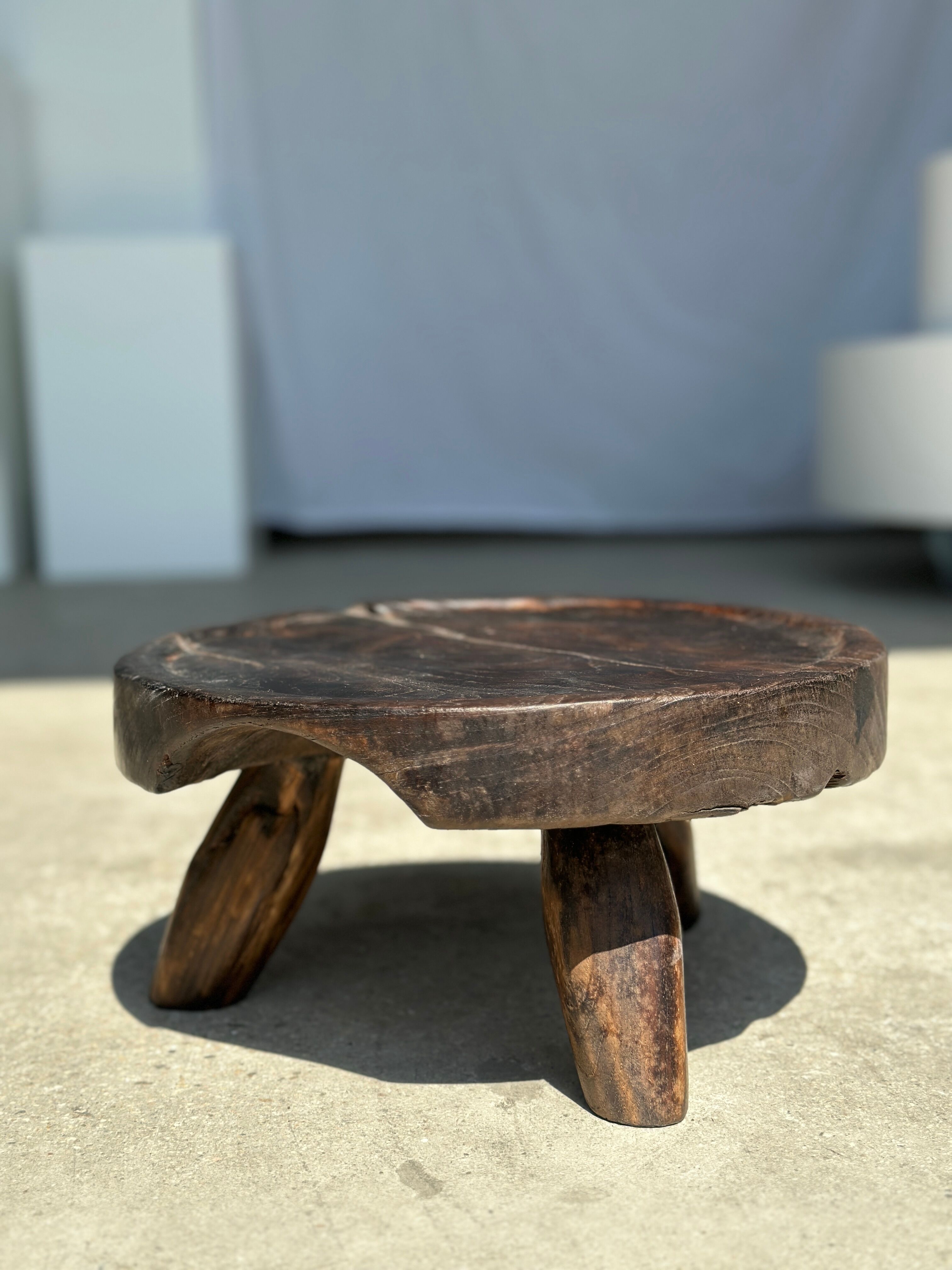 Small tripod stool low in dark brown upcycled teak