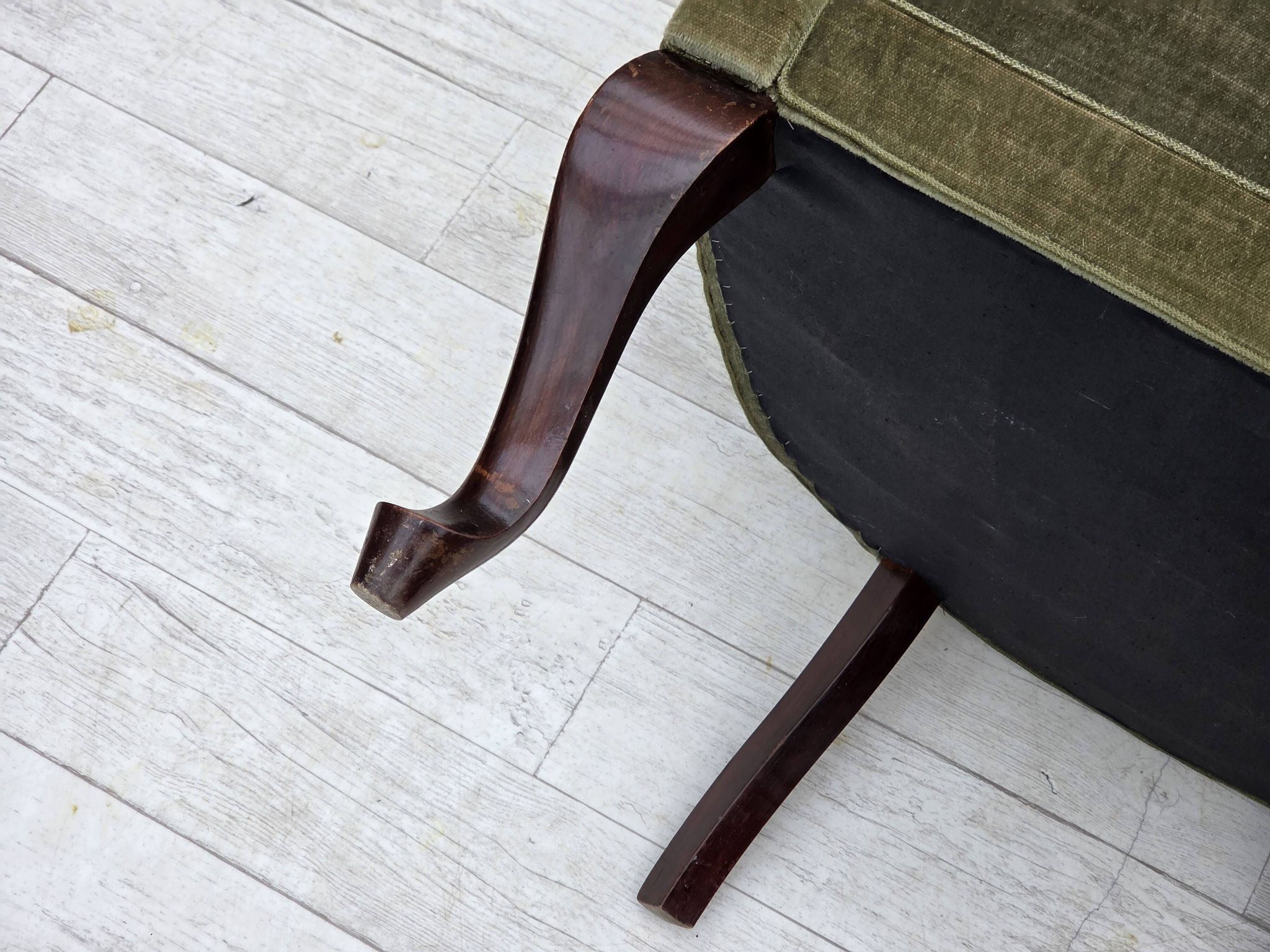 1960s, Danish armchair, green furniture velour, beech wood legs.