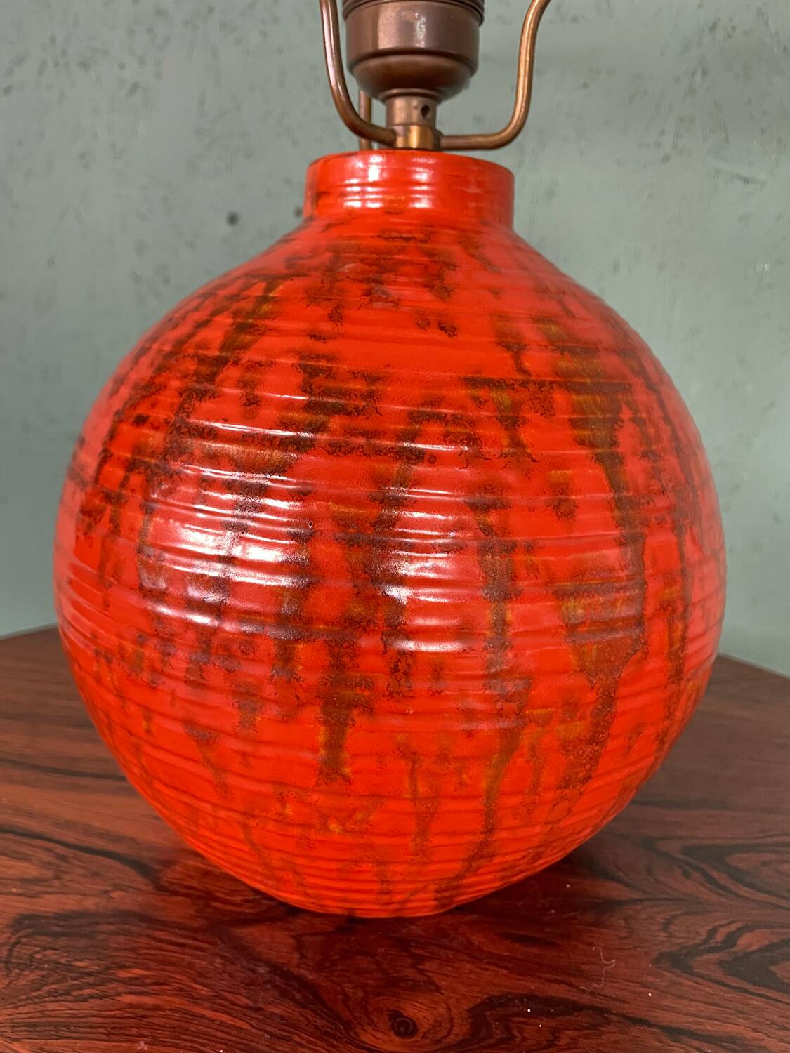 Art Deco HAK Herman Kähler Pottery Lamp, c.1930s Orange Globe with Brass Details