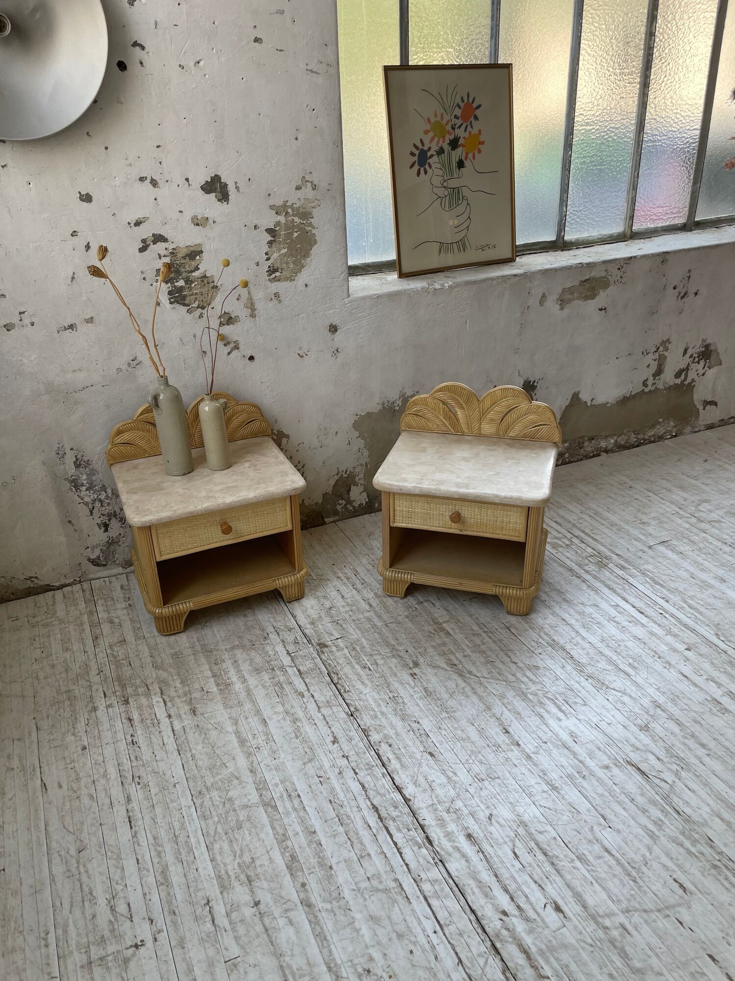 Pair of travertine bedside and rattan palm tree "vivai del sud"
