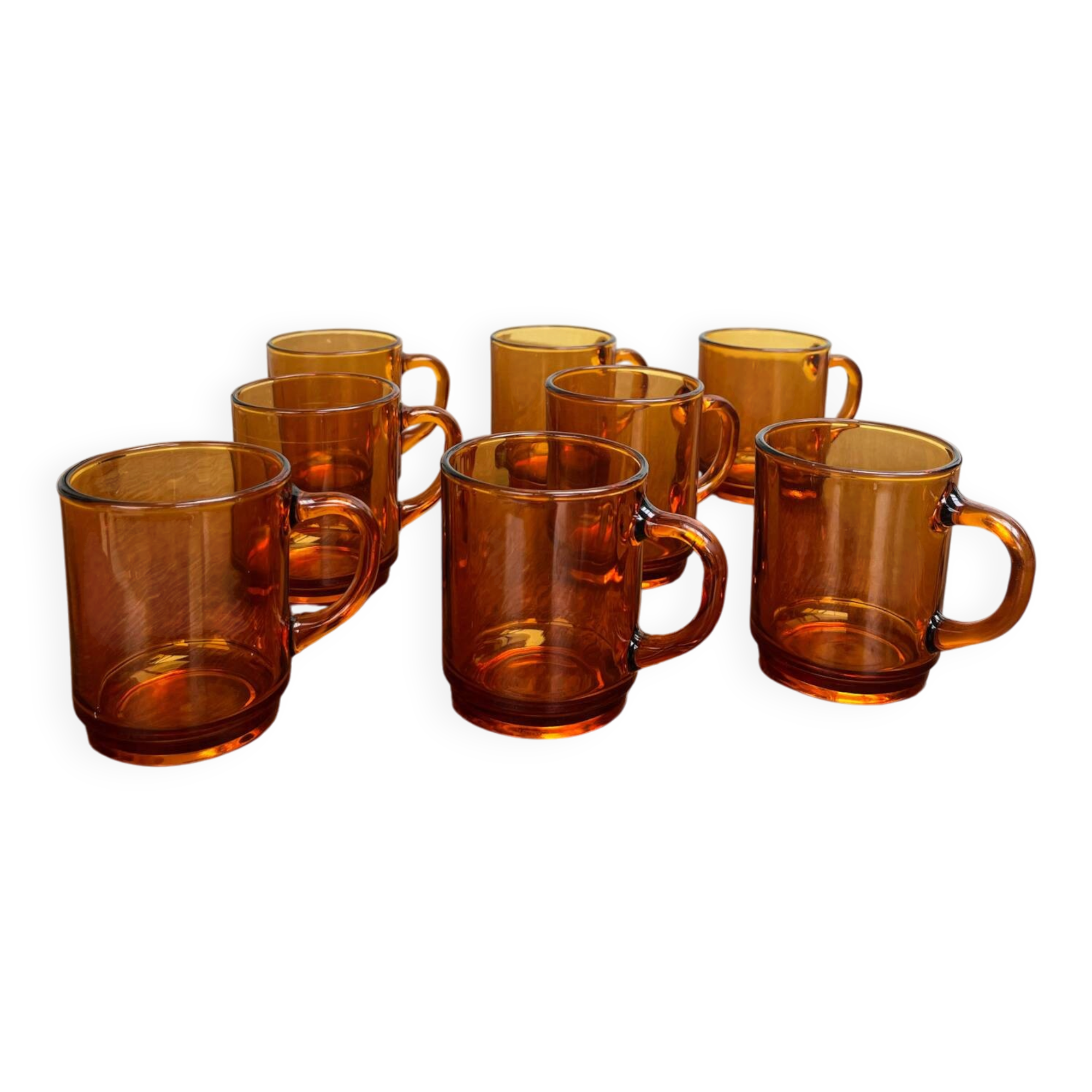 8 vintage Duralex amber glass mugs