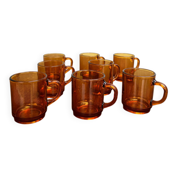 8 mugs vintage Duralex en verre ambré