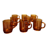 8 vintage Duralex amber glass mugs
