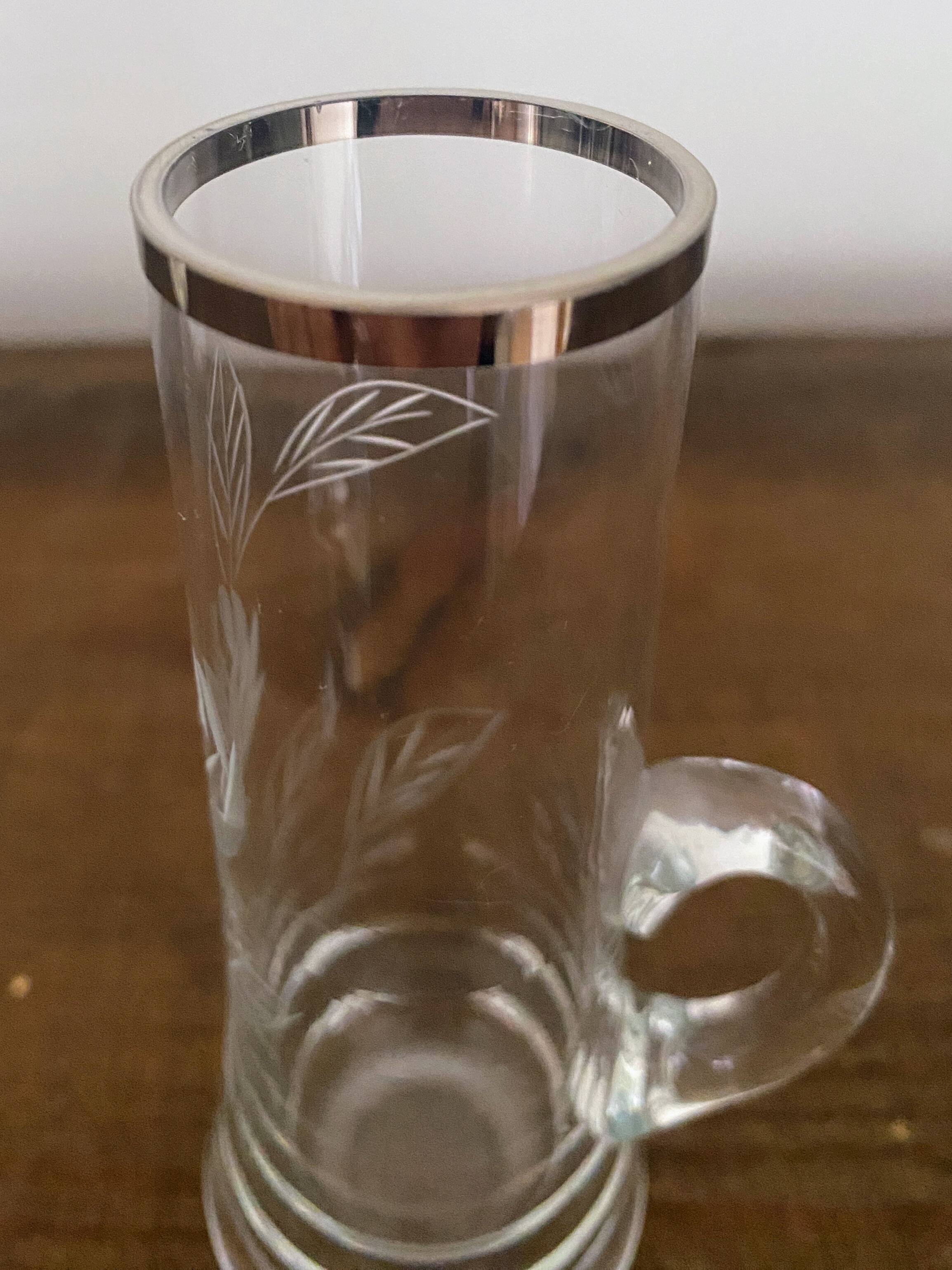 5 vintage shot, liqueur, digestive glasses, with transparent glass handle engraved with a rose