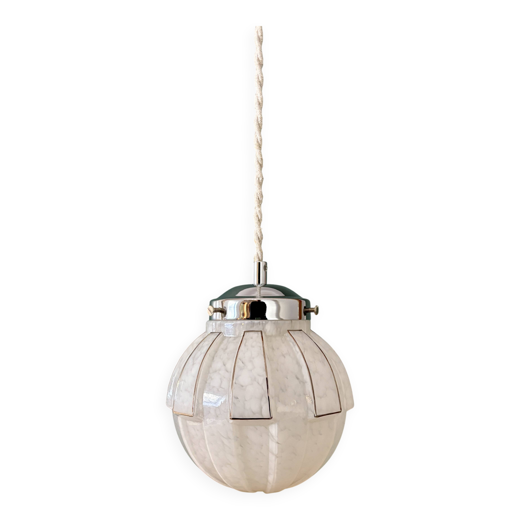 Vintage art deco globe pendant light in white and silver Clichy glass
