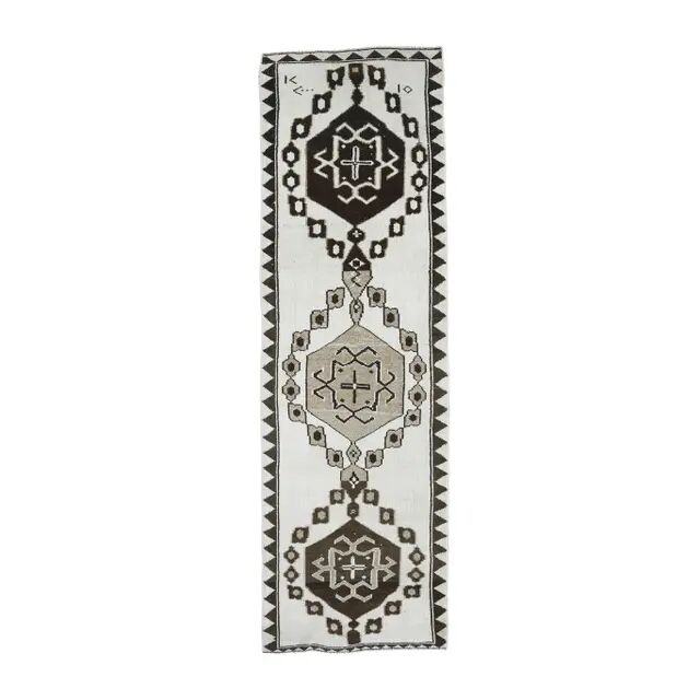 Vintage Turkish Oushak Handmade Wool Cotton White Runner Rug 100x320