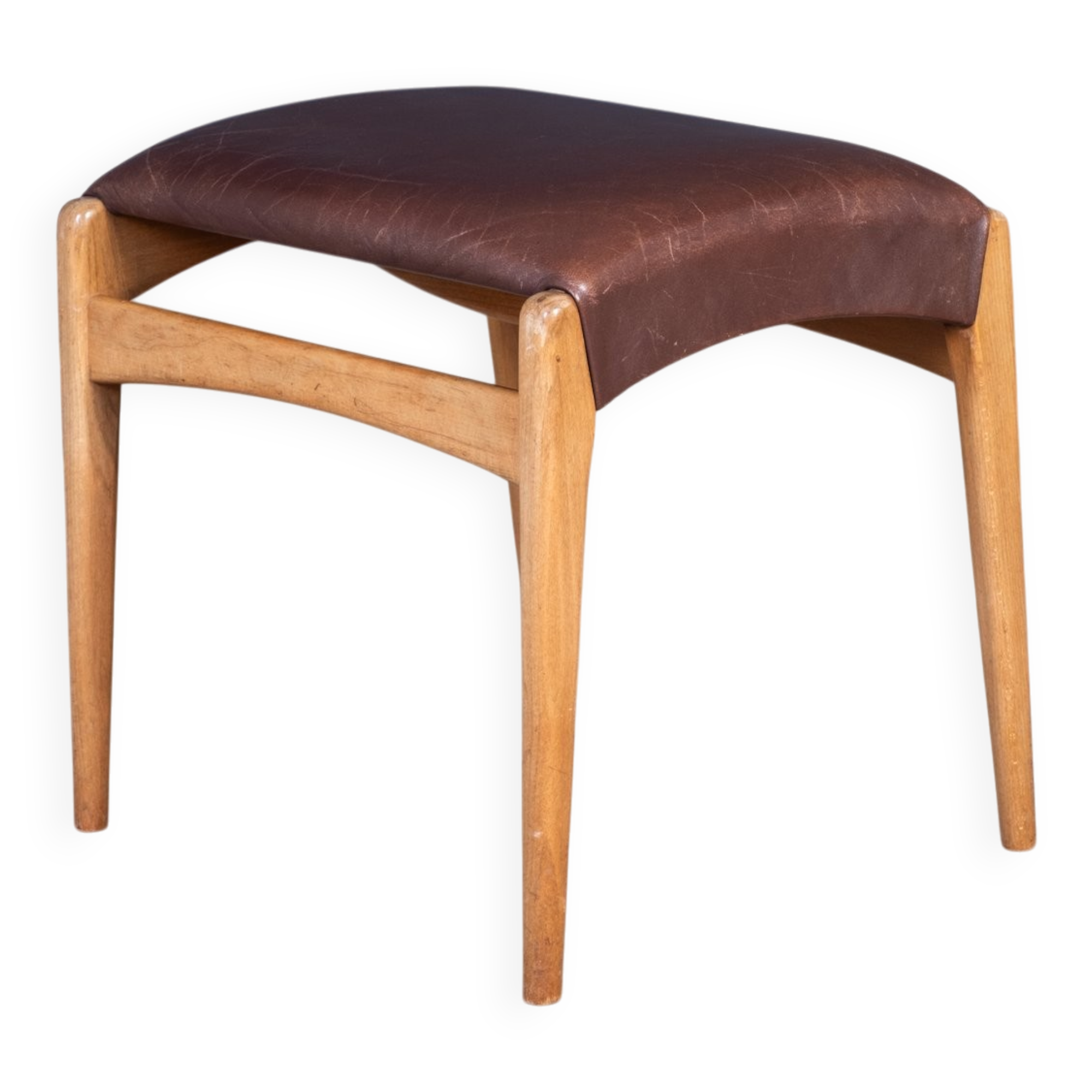 Mid-Century Stool in Beech with Brown Leather Seat, Denmark, 1950s