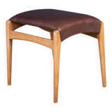 Mid-Century Stool in Beech with Brown Leather Seat, Denmark, 1950s
