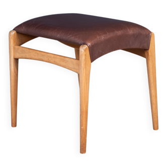 Mid-Century Stool in Beech with Brown Leather Seat, Denmark, 1950s