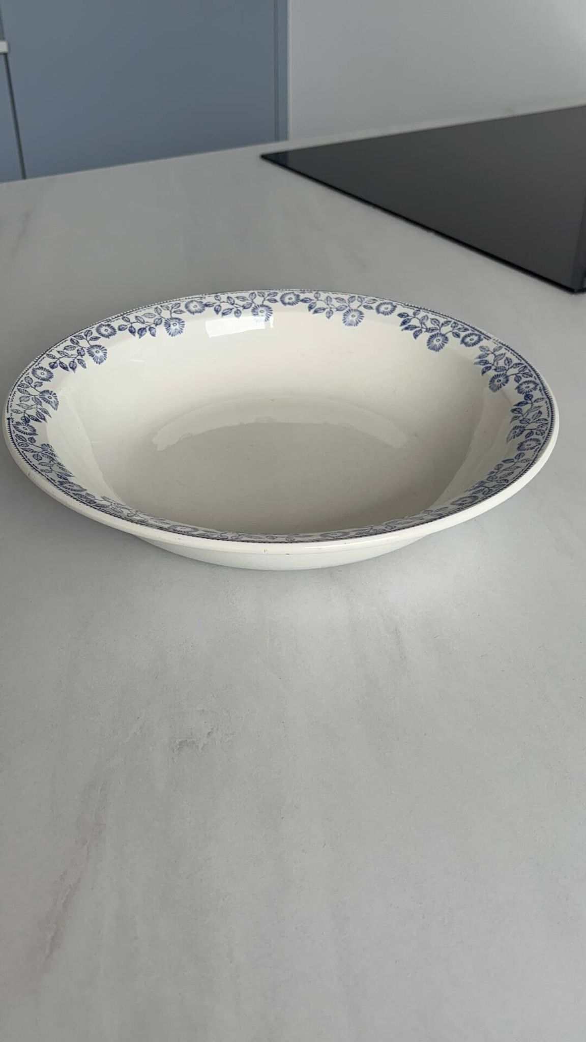 Large round salad bowl, antique blue St-Amandinoise ironstone plate.