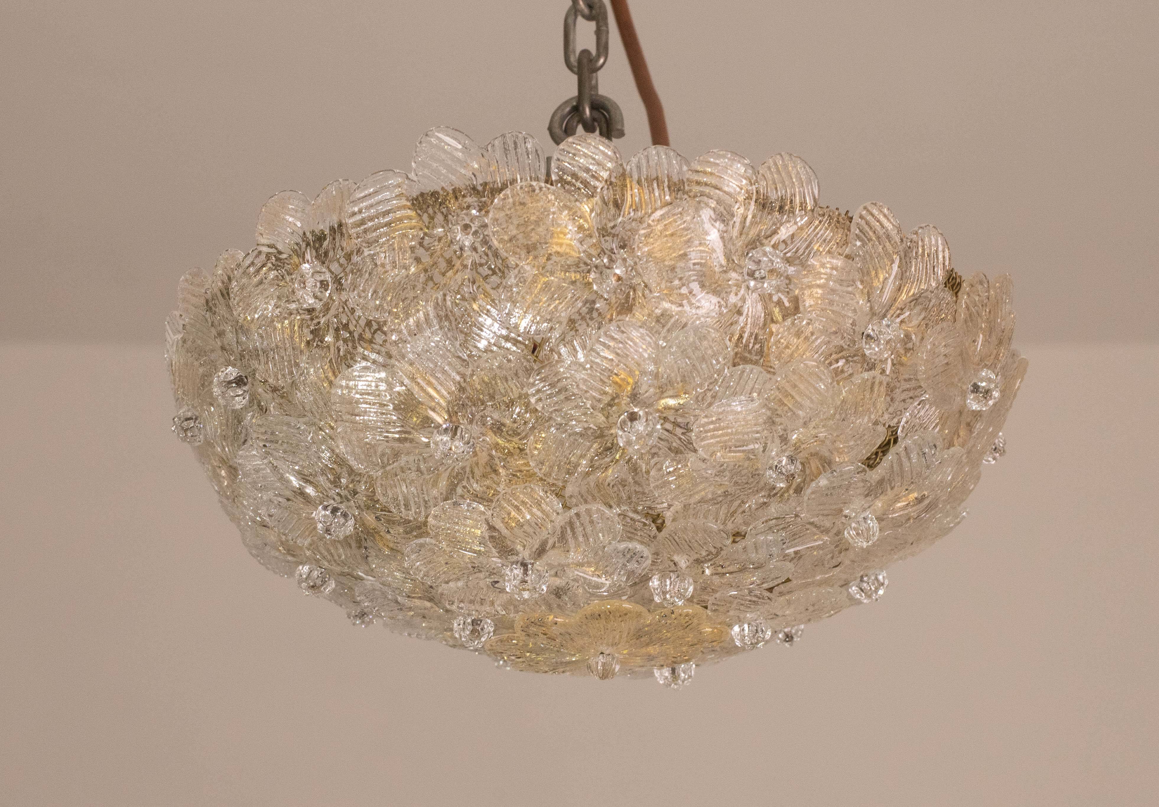 Elegant Murano Ceiling Light Gold and Trasparent Flower by Seguso for Venin