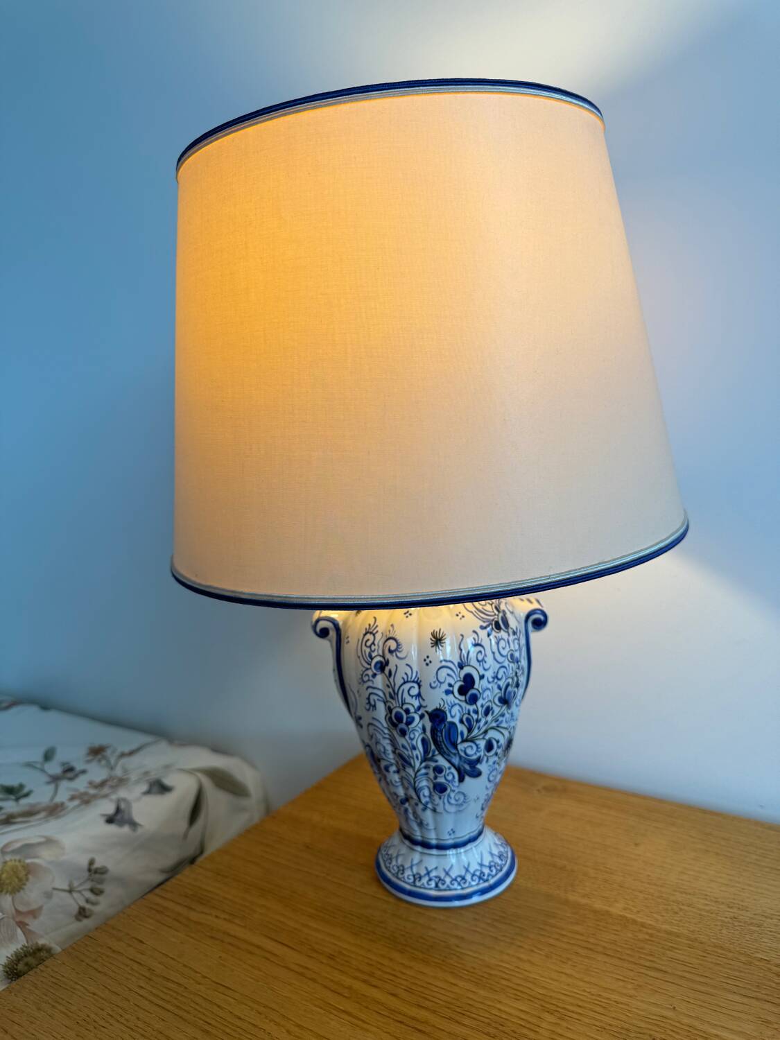 Lampe vintage faïence balustre portugal - décor oiseau bleu