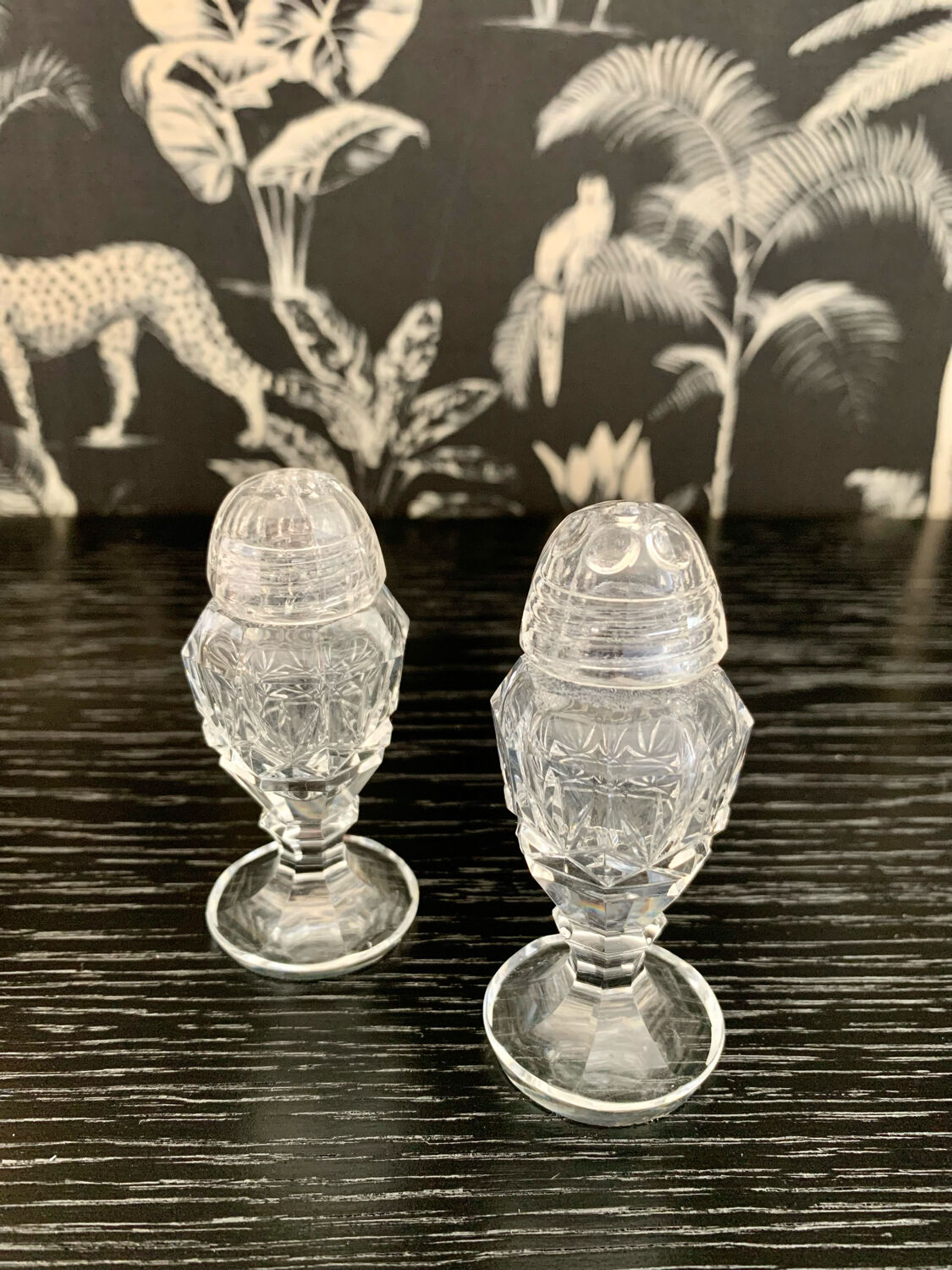 Duo of crystal salt shakers and pepper shakers