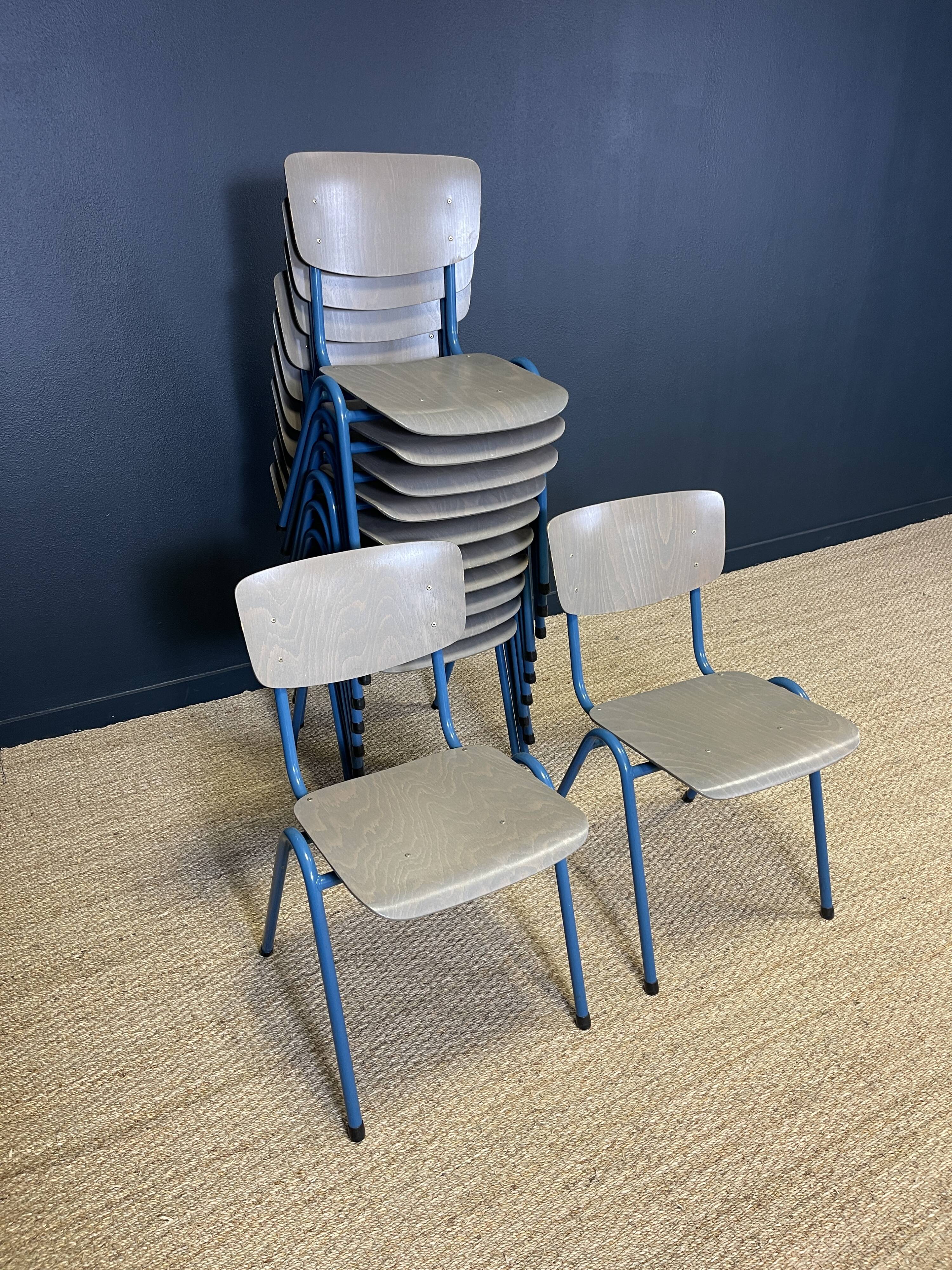 Set of 12 gray wood school chairs with blue feet Netherlands 70s/80s