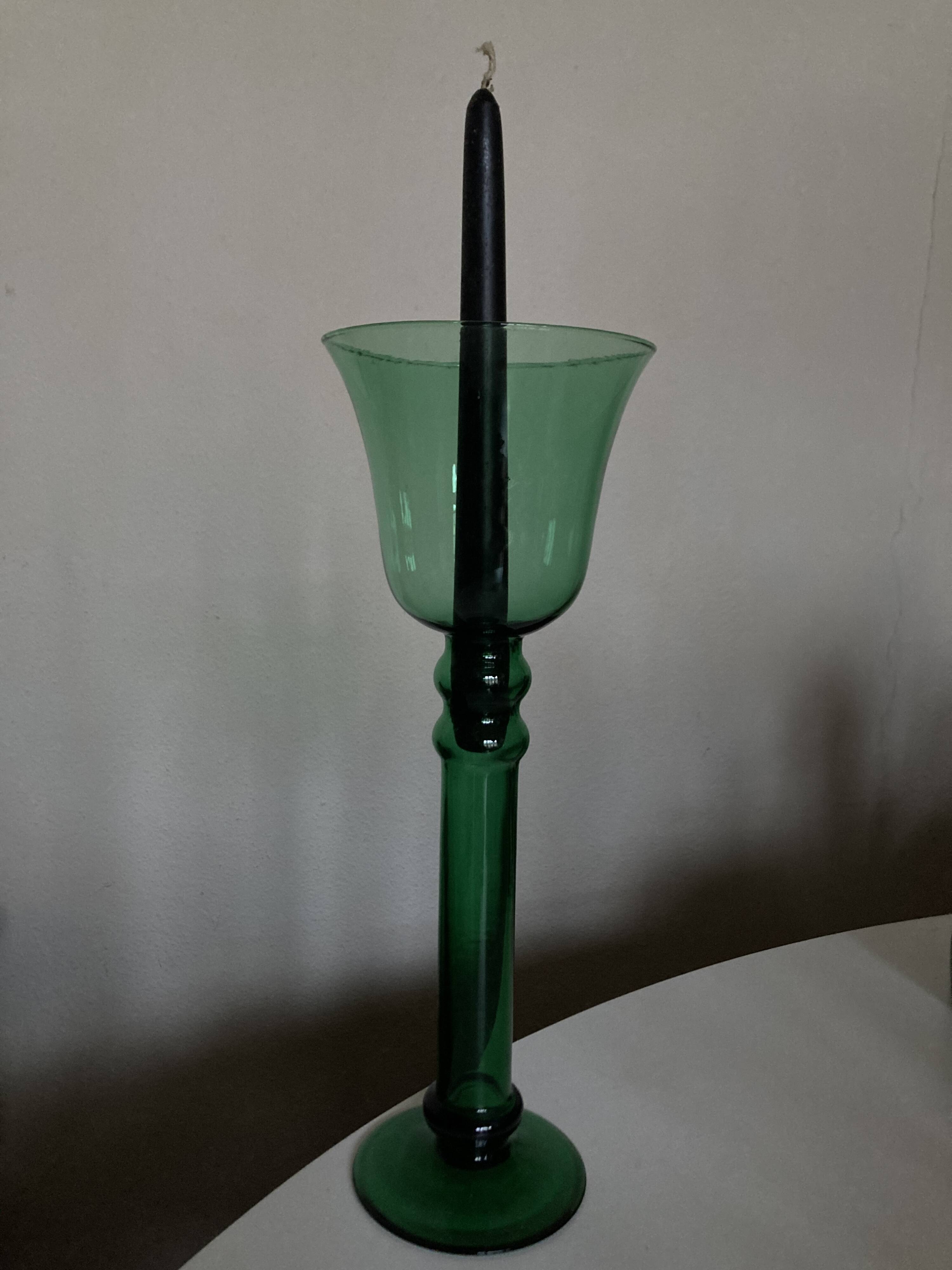 XXL tulip candle holder in blown green glass from the 1960s