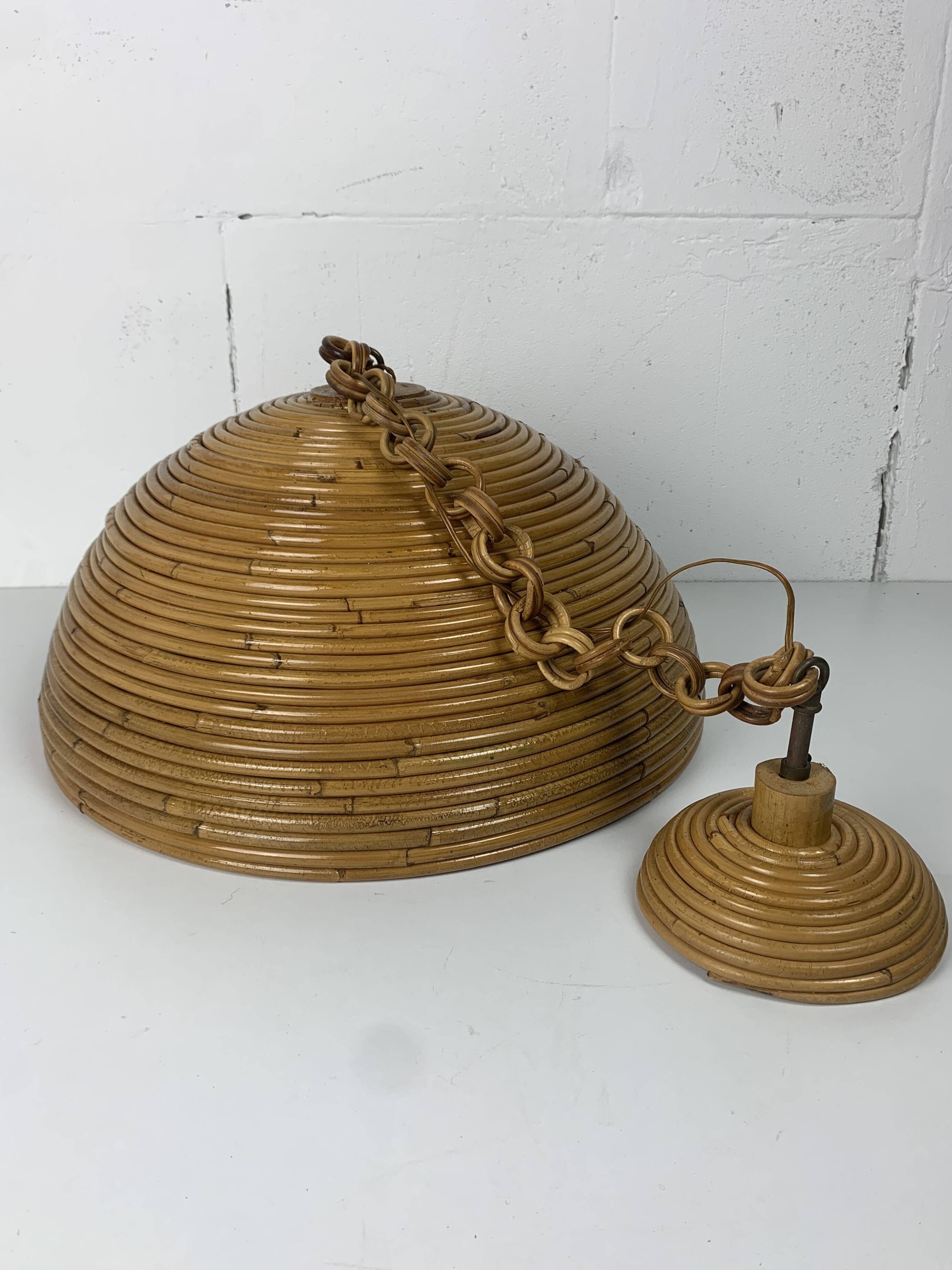 Midcentury pencil reed rattan bamboo pendant hanging lamp, Italy, 1970s