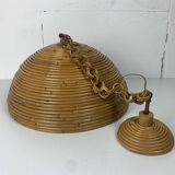 Midcentury pencil reed rattan bamboo pendant hanging lamp, Italy, 1970s