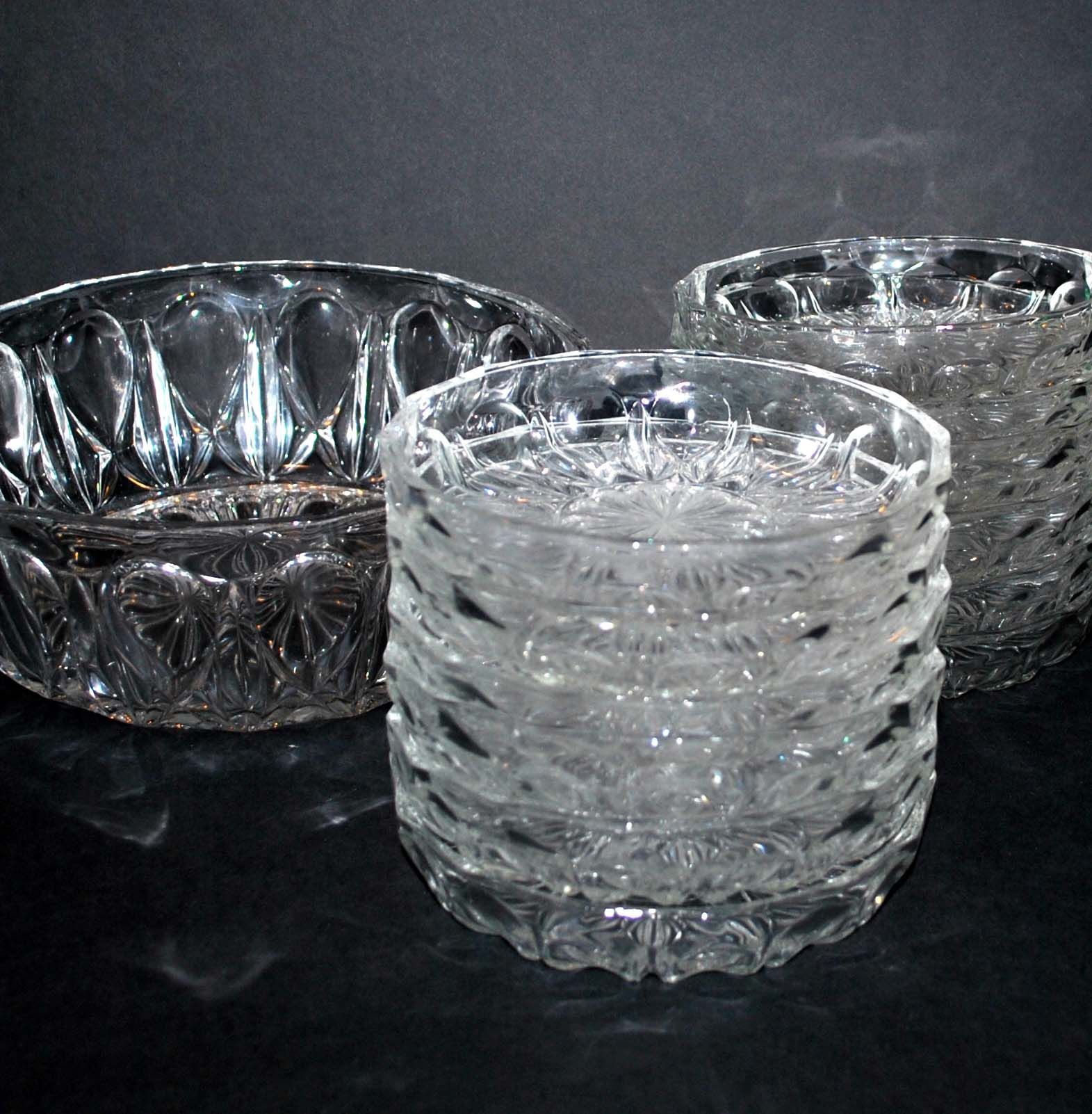 Vintage dessert set - salad bowl and 12 cups in retro pressed-molded glass 1950
