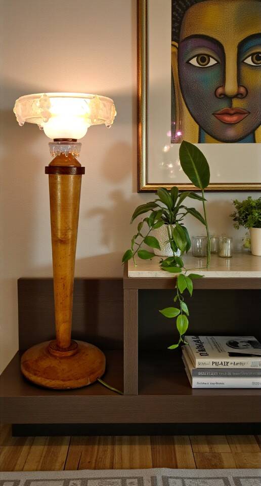 Antique opalescent glass and wood lamp, attributed to Ezan, 61 cm, C786