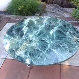 Round coffee table in green marble and chrome / vintage base 60s-70s