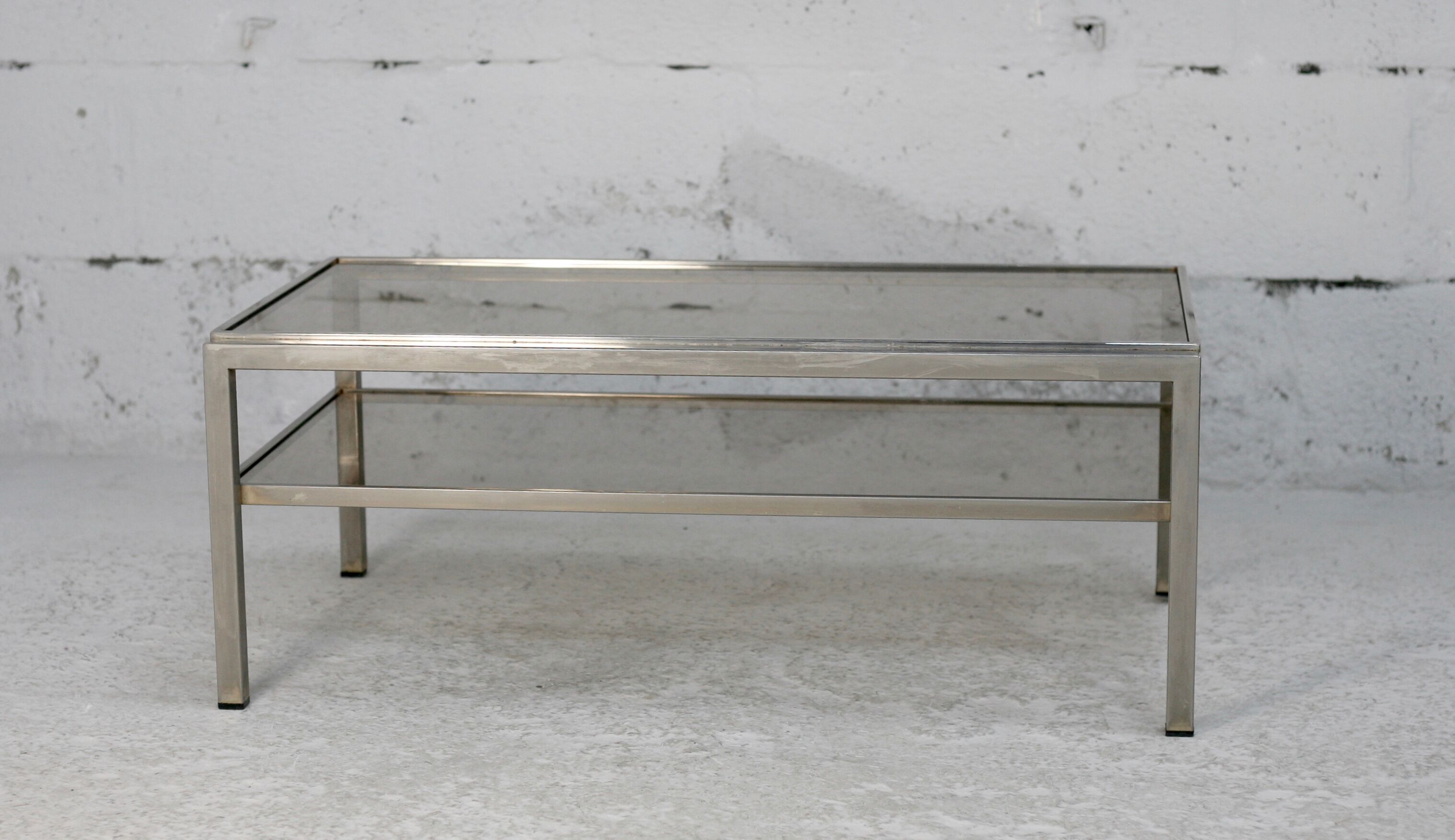 Double coffee table trays smoked glass steel. France, circa 1970