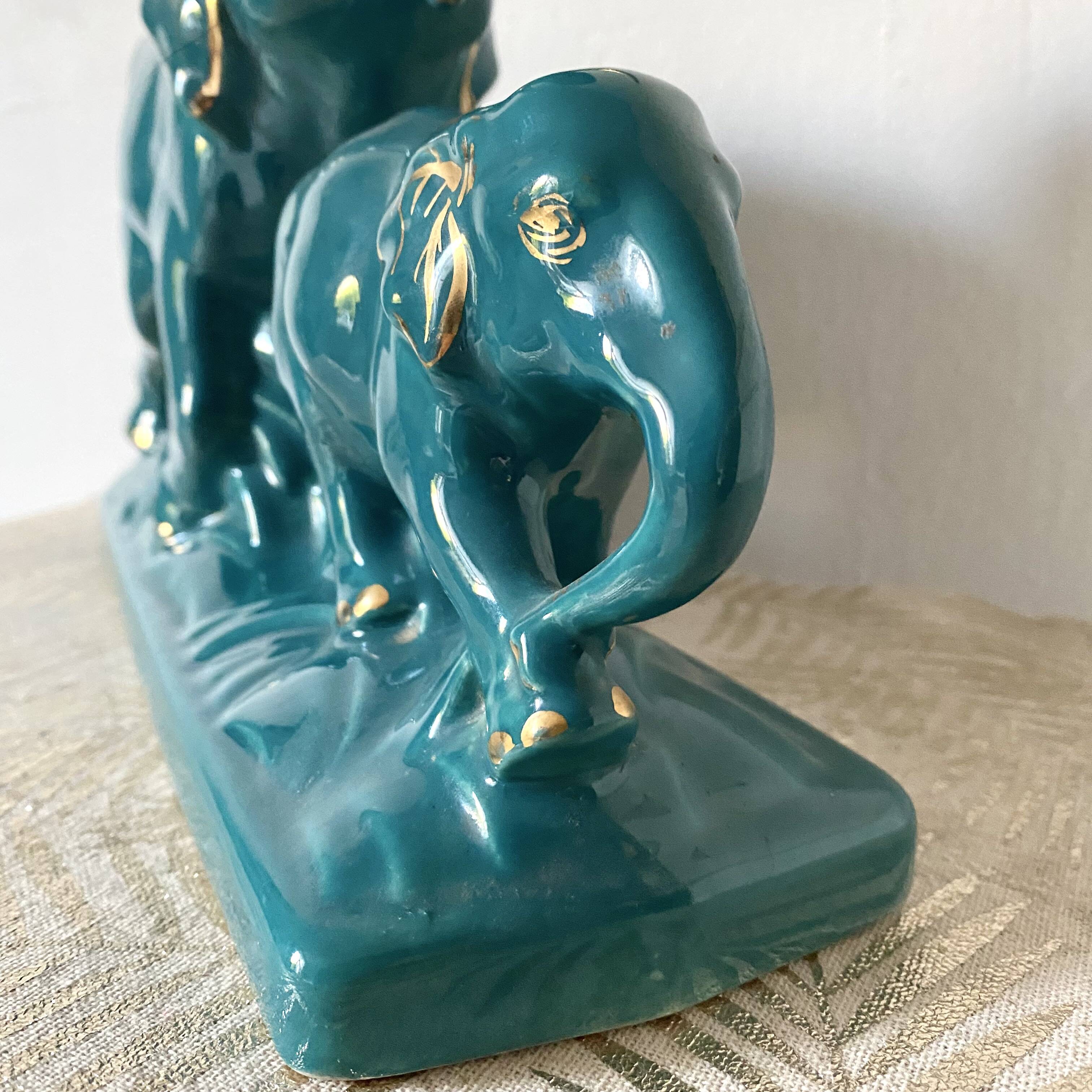 Turquoise and gold art deco ceramic elephants