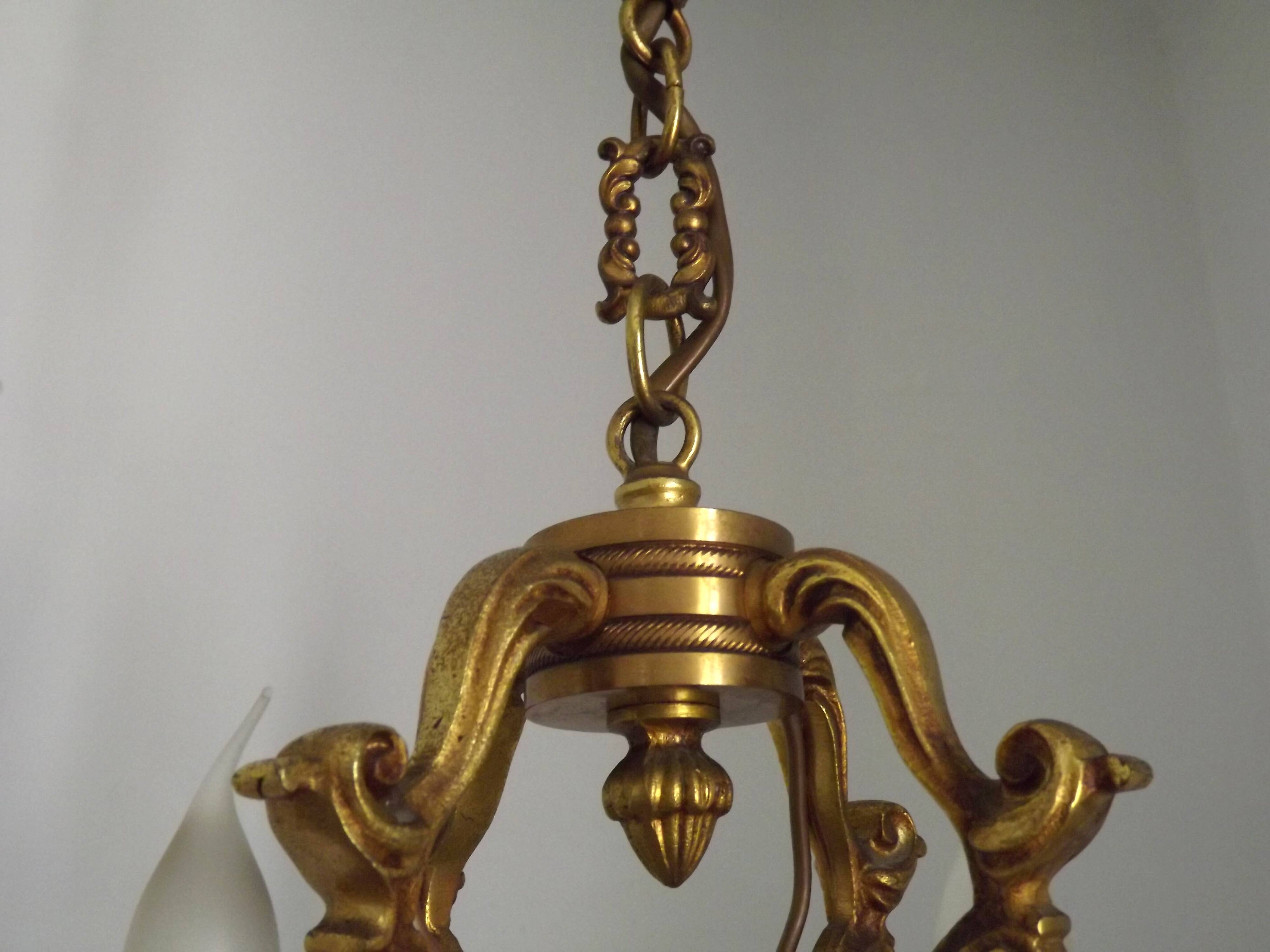 French Vintage Bronze Art Nouveau Style 4 Light 4 Sided Cage Chandelier