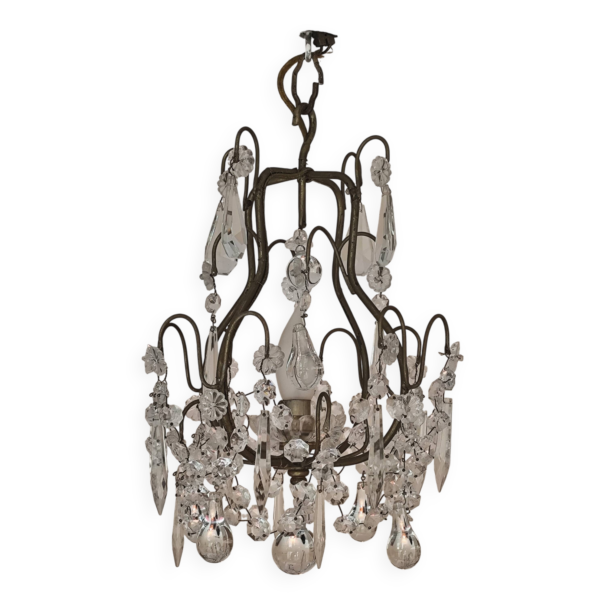 brass cage chandelier with crystal tassels