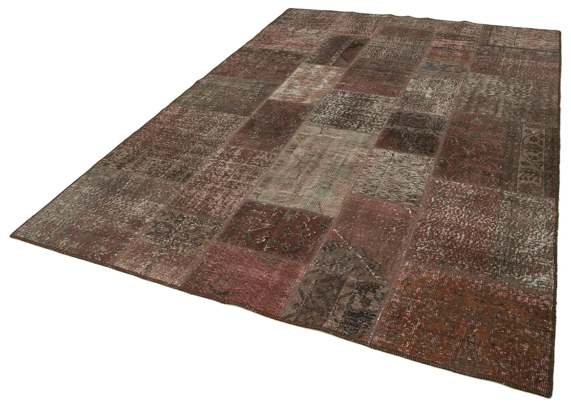 Tapis turc vintage noué à la main 204 cm x 299 cm tapis patchwork marron
