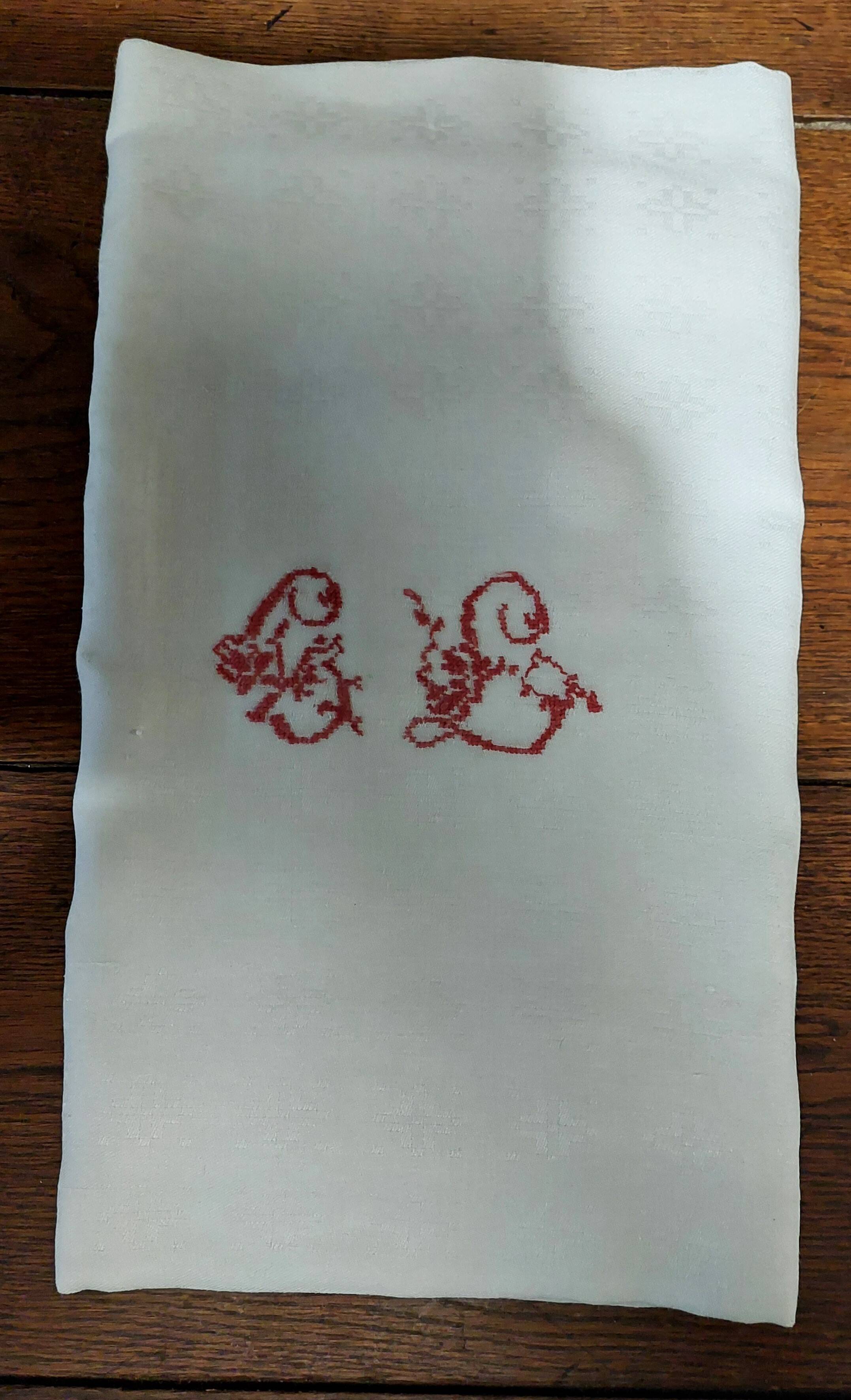 Old linen damask linen tablecloth red monogram GL 160 X 175 cm