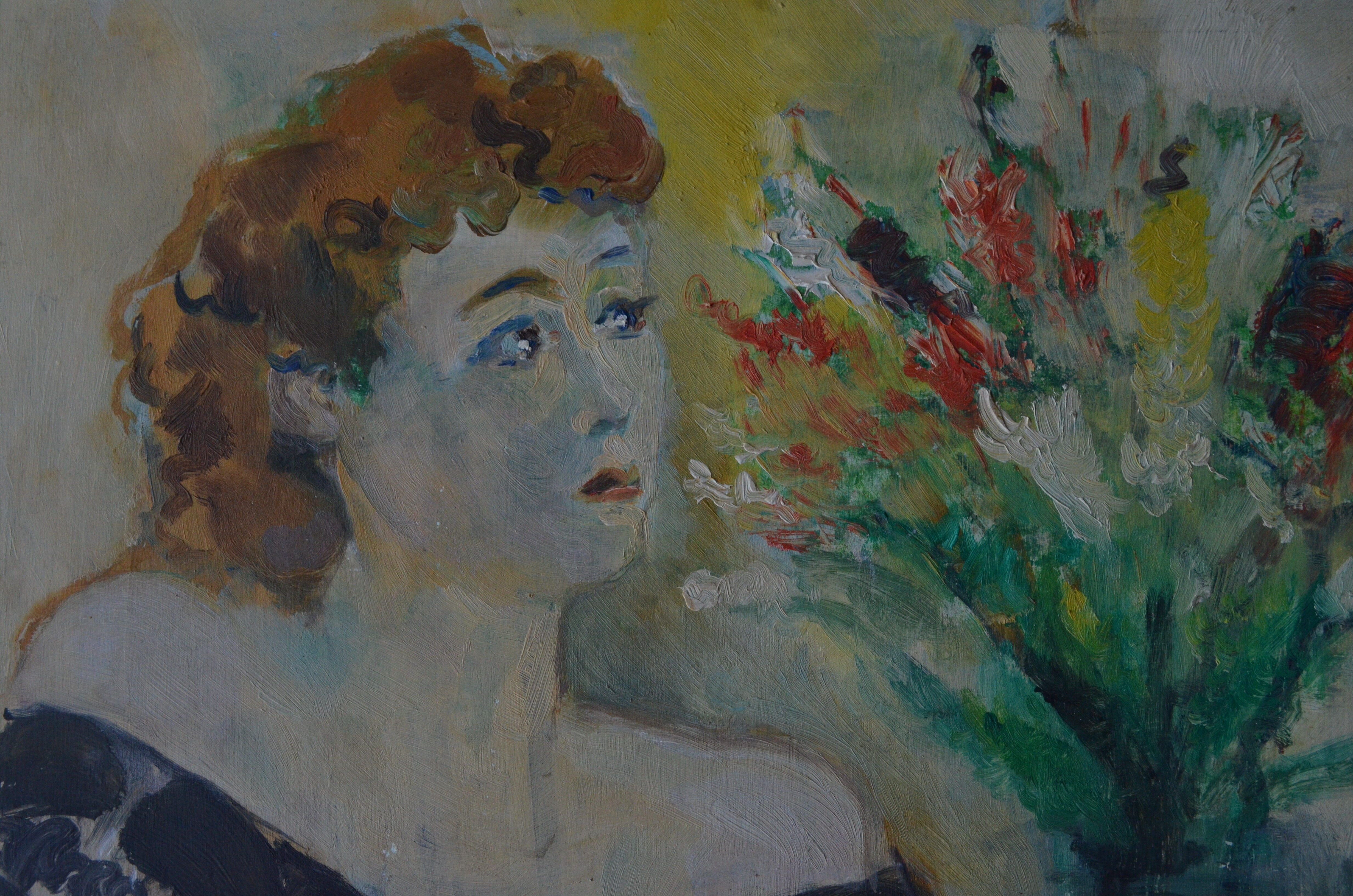 Huile sur bois portrait jeune femme 1948