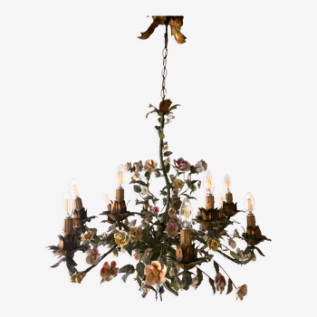 Antique chandelier in forged iron, tole, and porcelain flowers