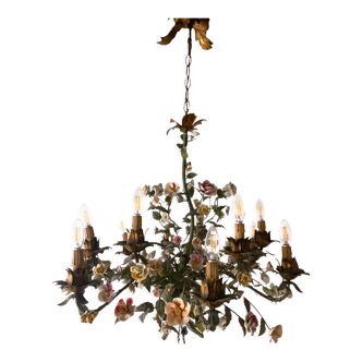 Antique chandelier in forged iron, tole, and porcelain flowers